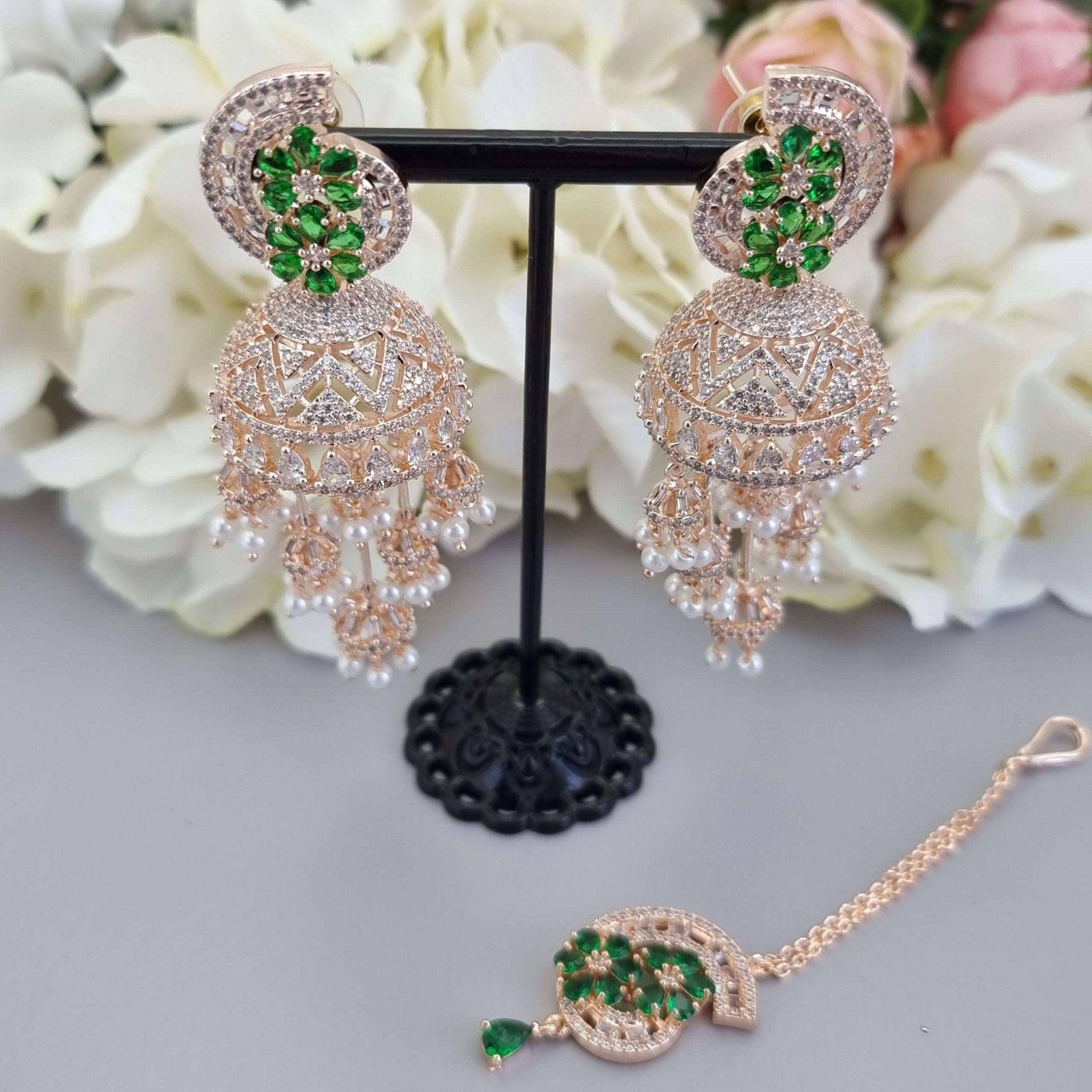 Jhumki Tikka Set Rose Gold Green – Tikka set | Fancy Fab Jewels UK