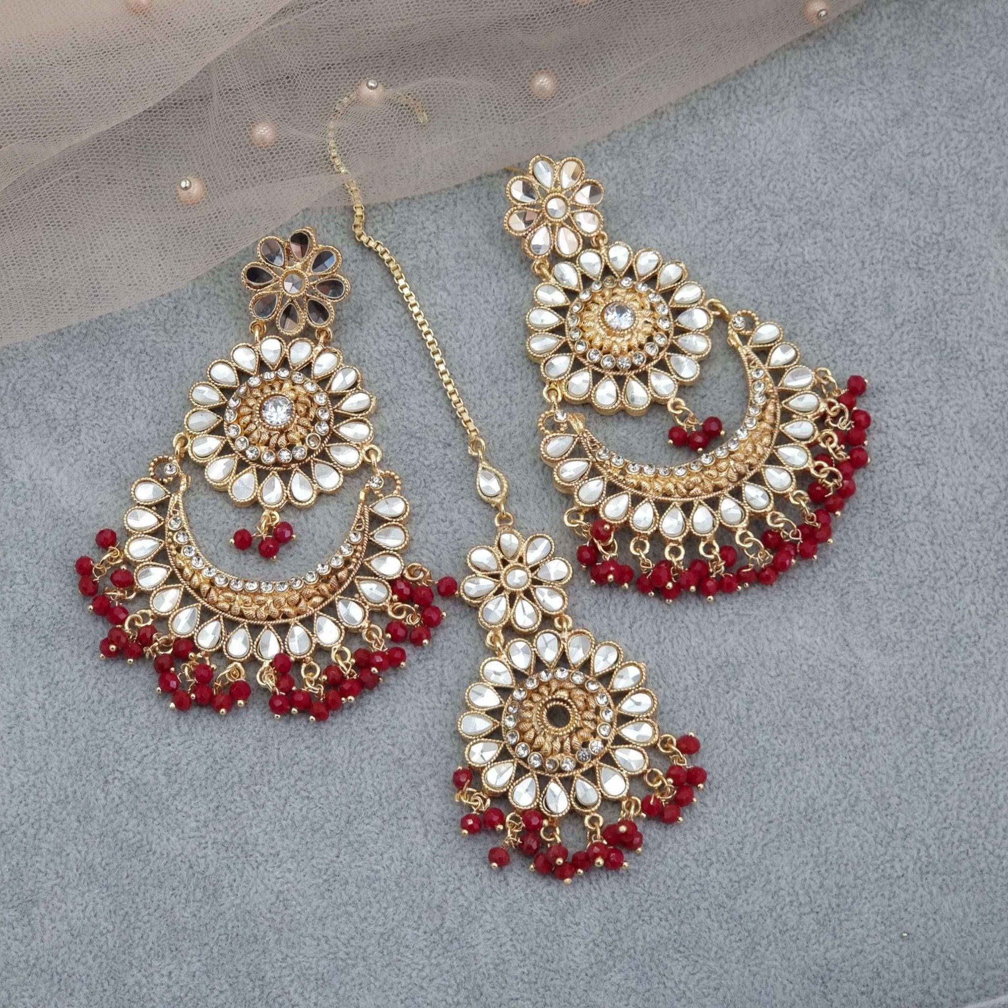 Kundan Pearl Chandbali Earrings Tikka Set – Tikka set | Fancy Fab Jewels UK