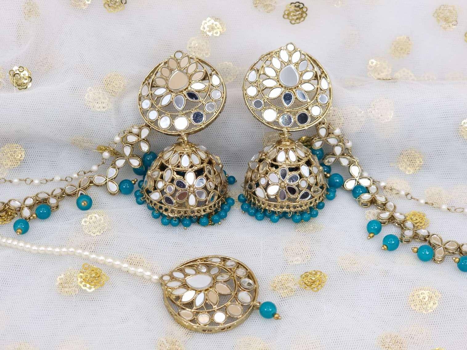 Sharon Earring and Tikka Set Teal – Tikka set | Fancy Fab Jewels UK