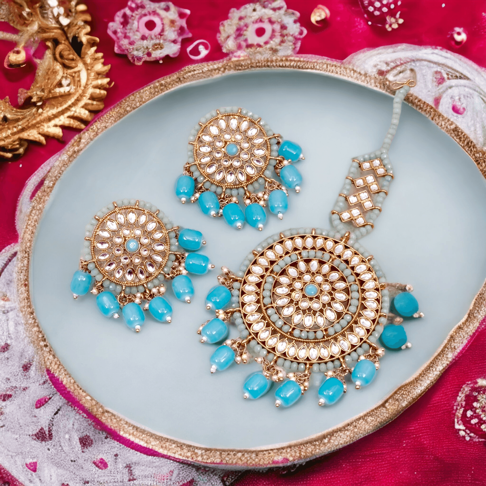 Simran Kundan Pearl Chandbali Earrings Tikka Set - Blue – Tikka set | Fancy Fab Jewels UK