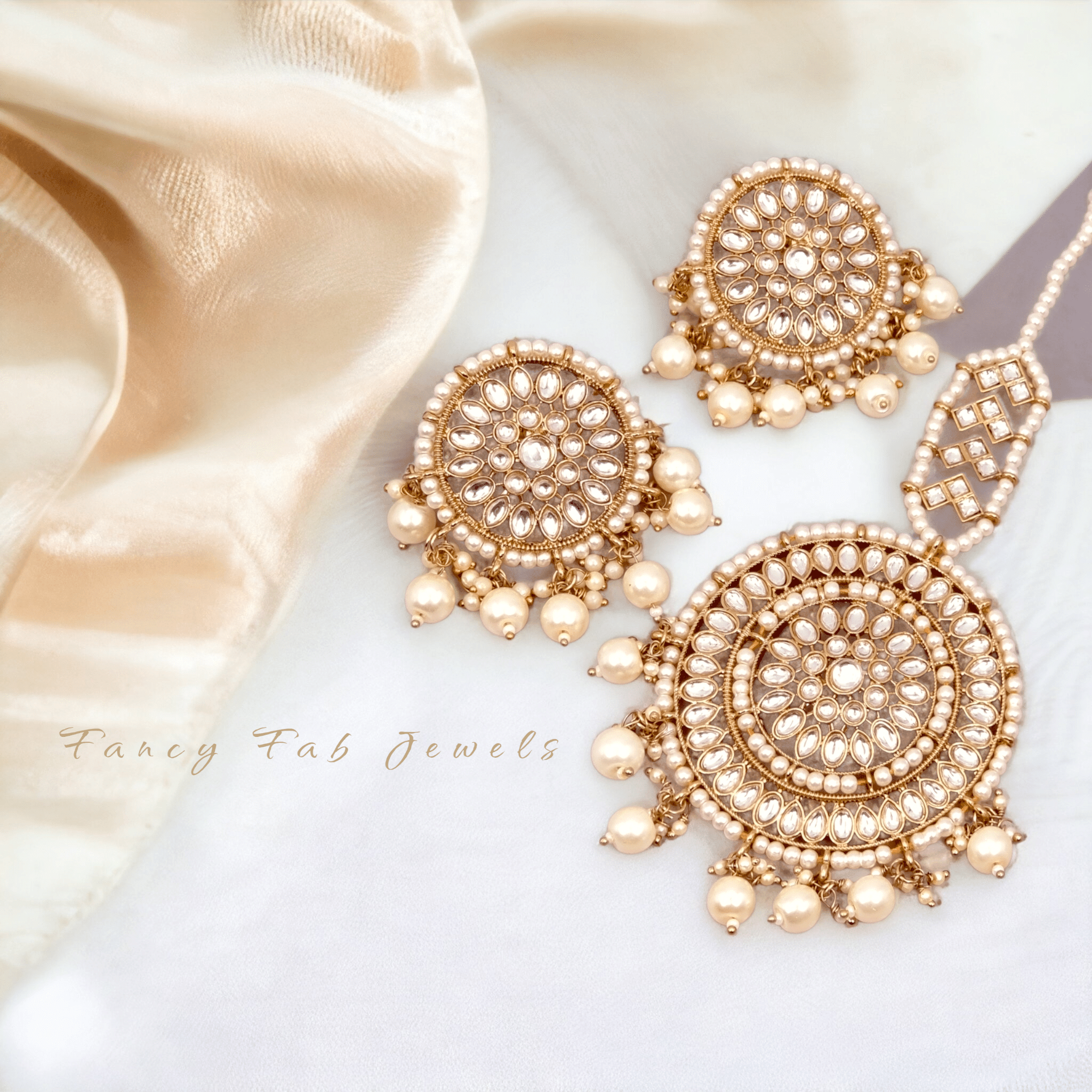 Simran Kundan Pearl Chandbali Earrings Tikka Set - Golden – Tikka set | Fancy Fab Jewels UK