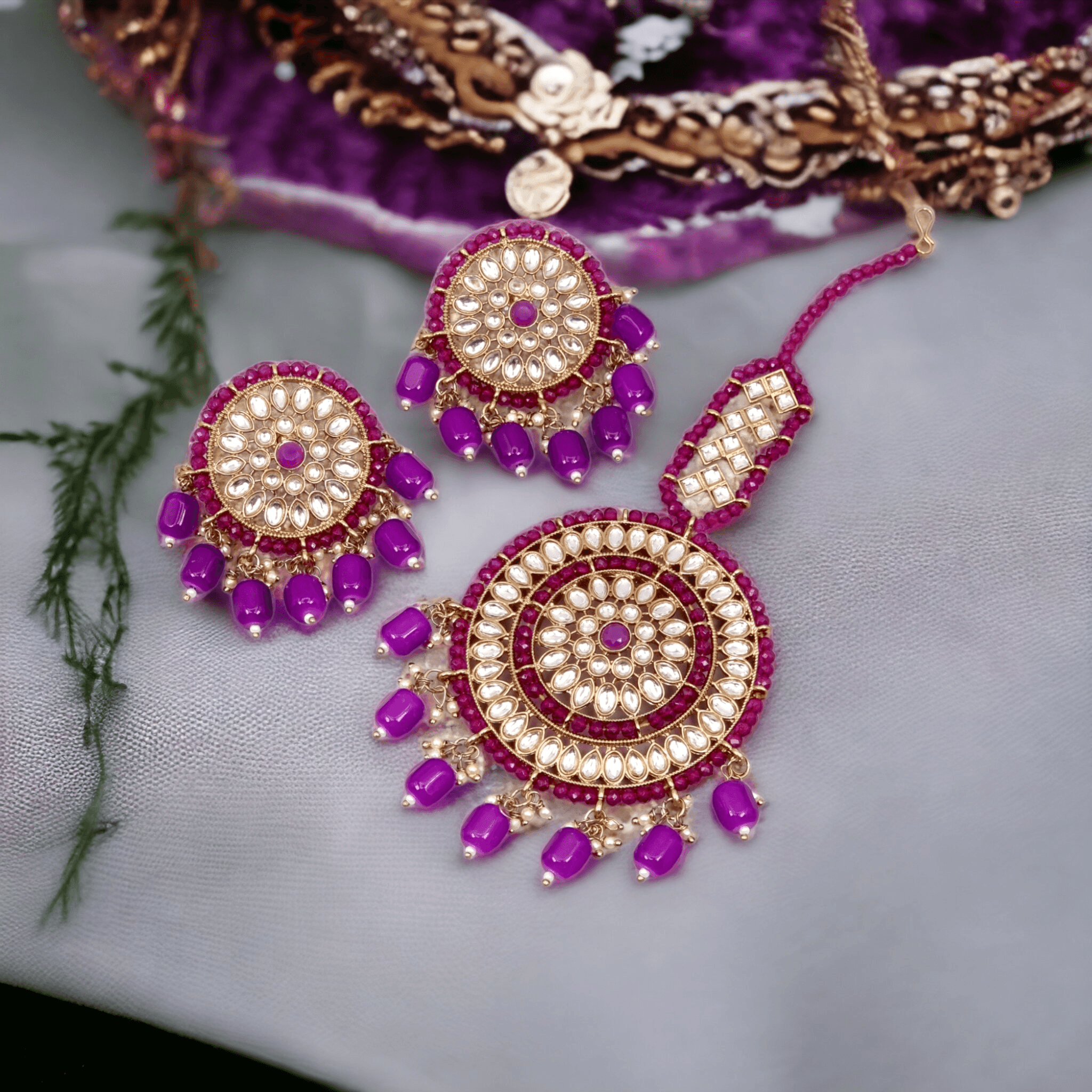 Simran Kundan Pearl Chandbali Earrings Tikka Set - Purple – Tikka set | Fancy Fab Jewels UK