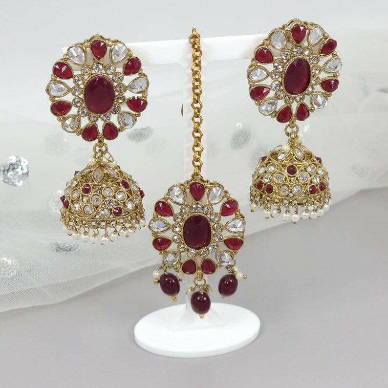 Sumbul Antique Gold Jhumki Tikka Set Maroon – Tikka set | Fancy Fab Jewels UK