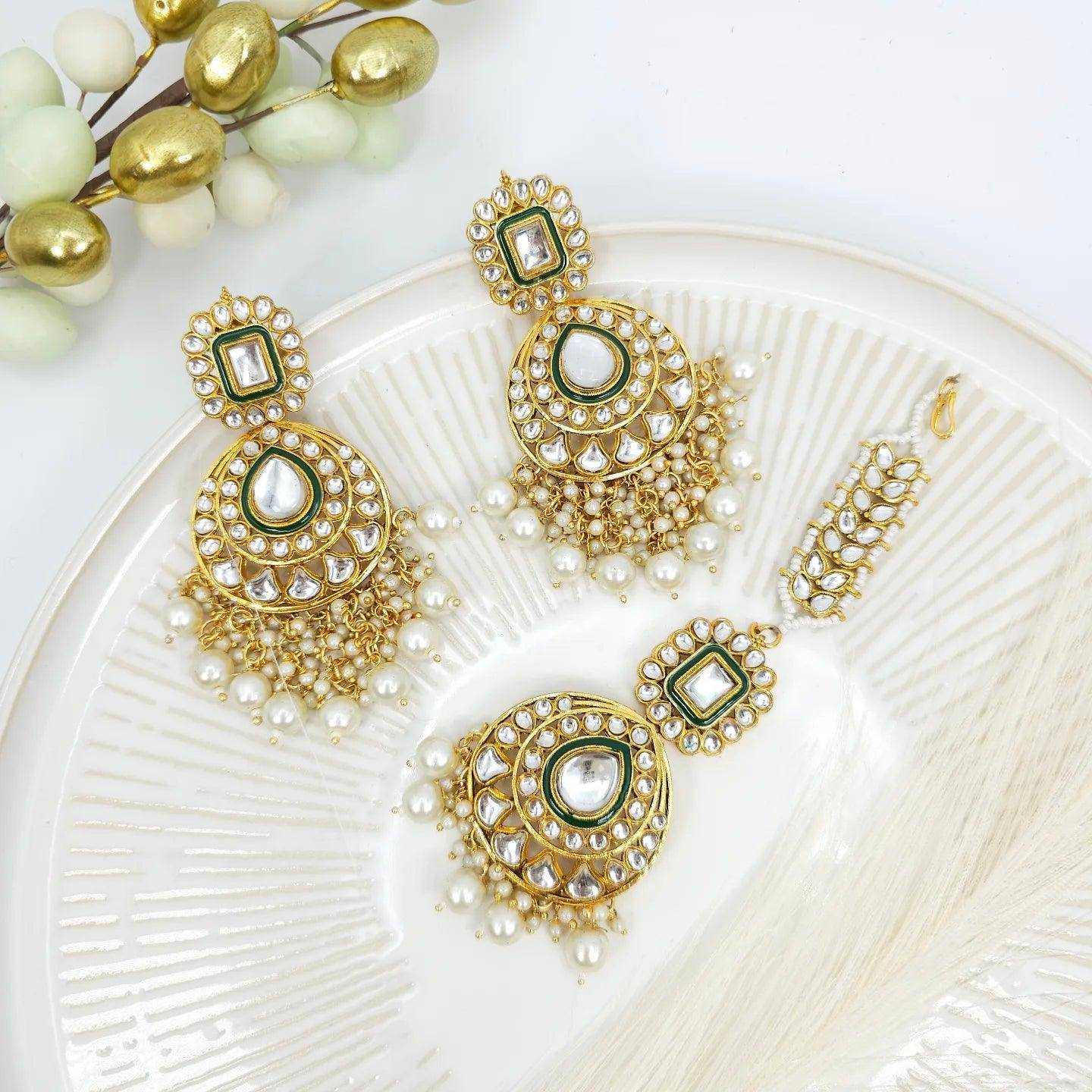 Faya Kundan Pearl Long Earrings Tikka Set – Tikka set | Fancy Fab Jewels UK