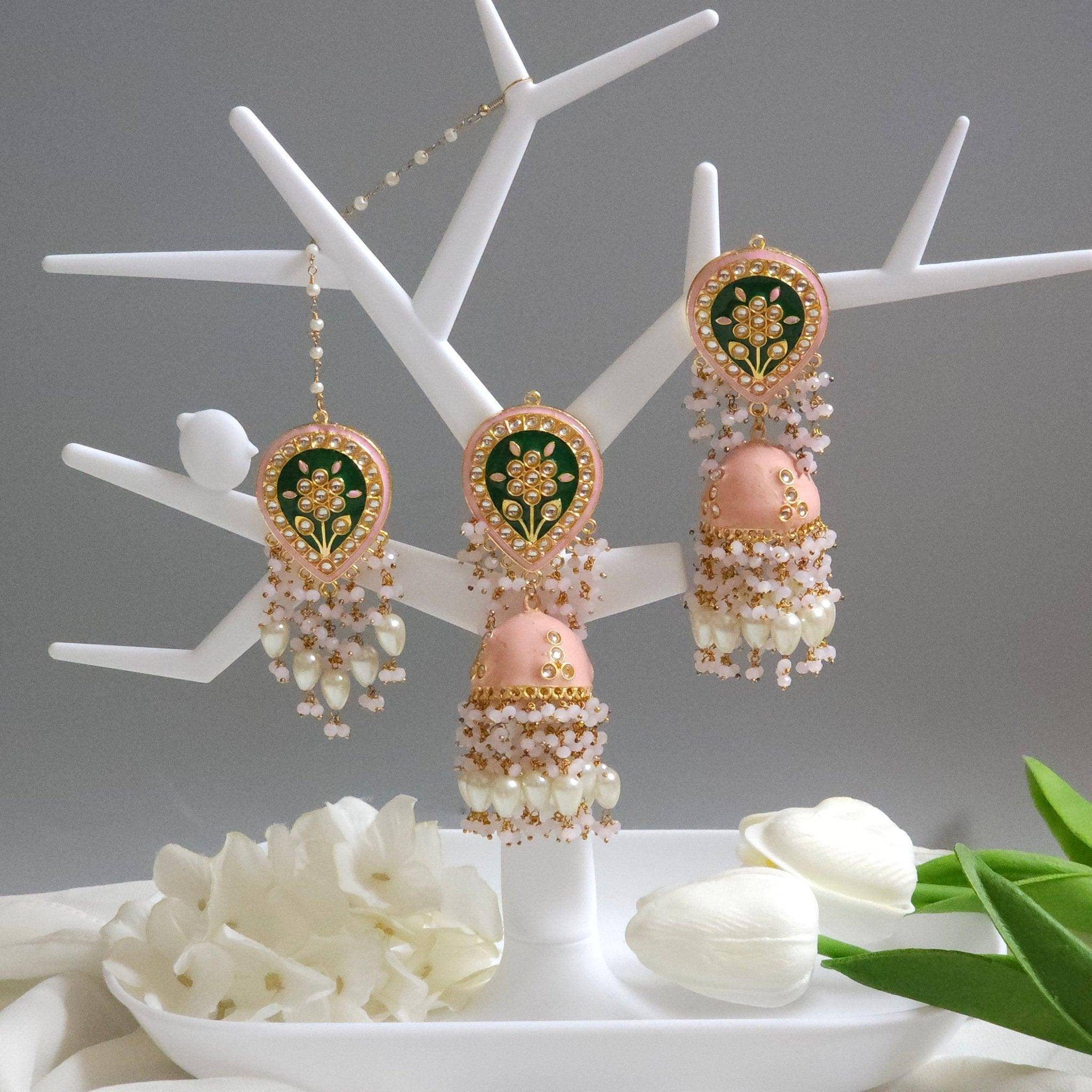 Kundan Minakari Statement Jhumka Earrings Tikka set – Tikka set | Fancy Fab Jewels UK