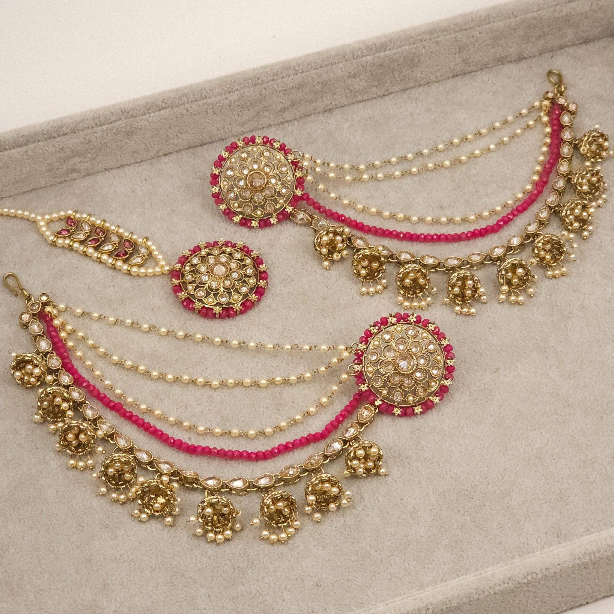 Raji Antique Gold Kundan Polki Detachable Stud Earrings with Tikka, Ear Chains – Tikka set | Fancy Fab Jewels UK