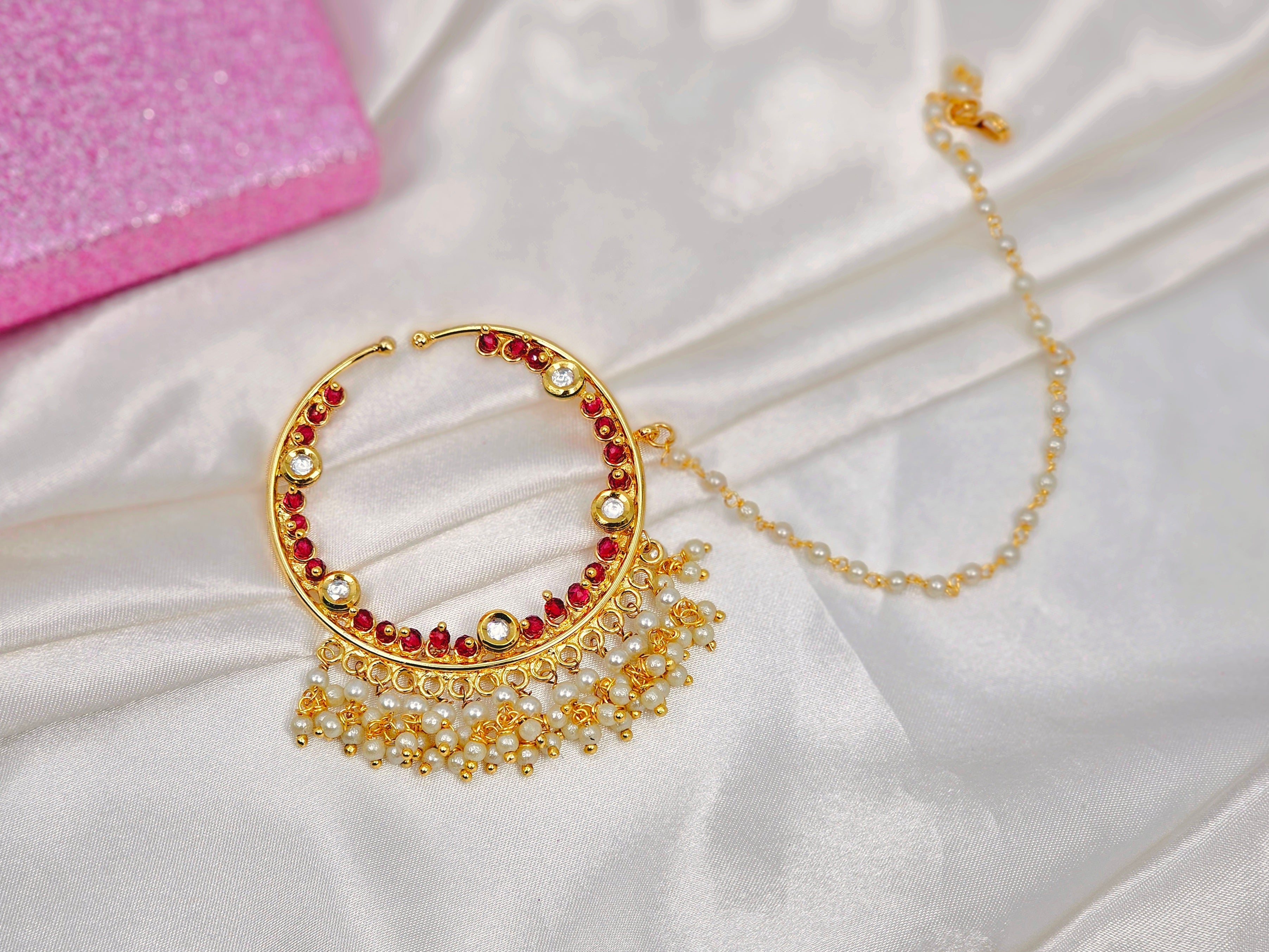 5cm Kundan Bridal Nose Ring with chain – Nose Ring | Fancy Fab Jewels UK