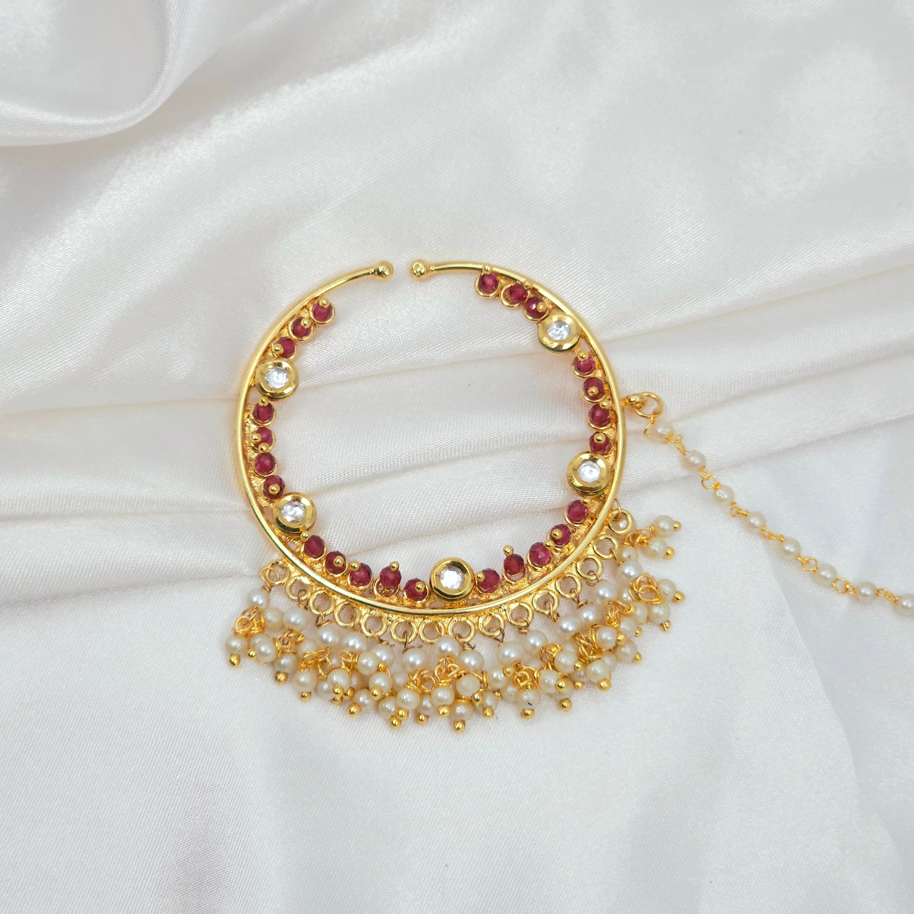 5cm Kundan Bridal Nose Ring with chain – Nose Ring | Fancy Fab Jewels UK