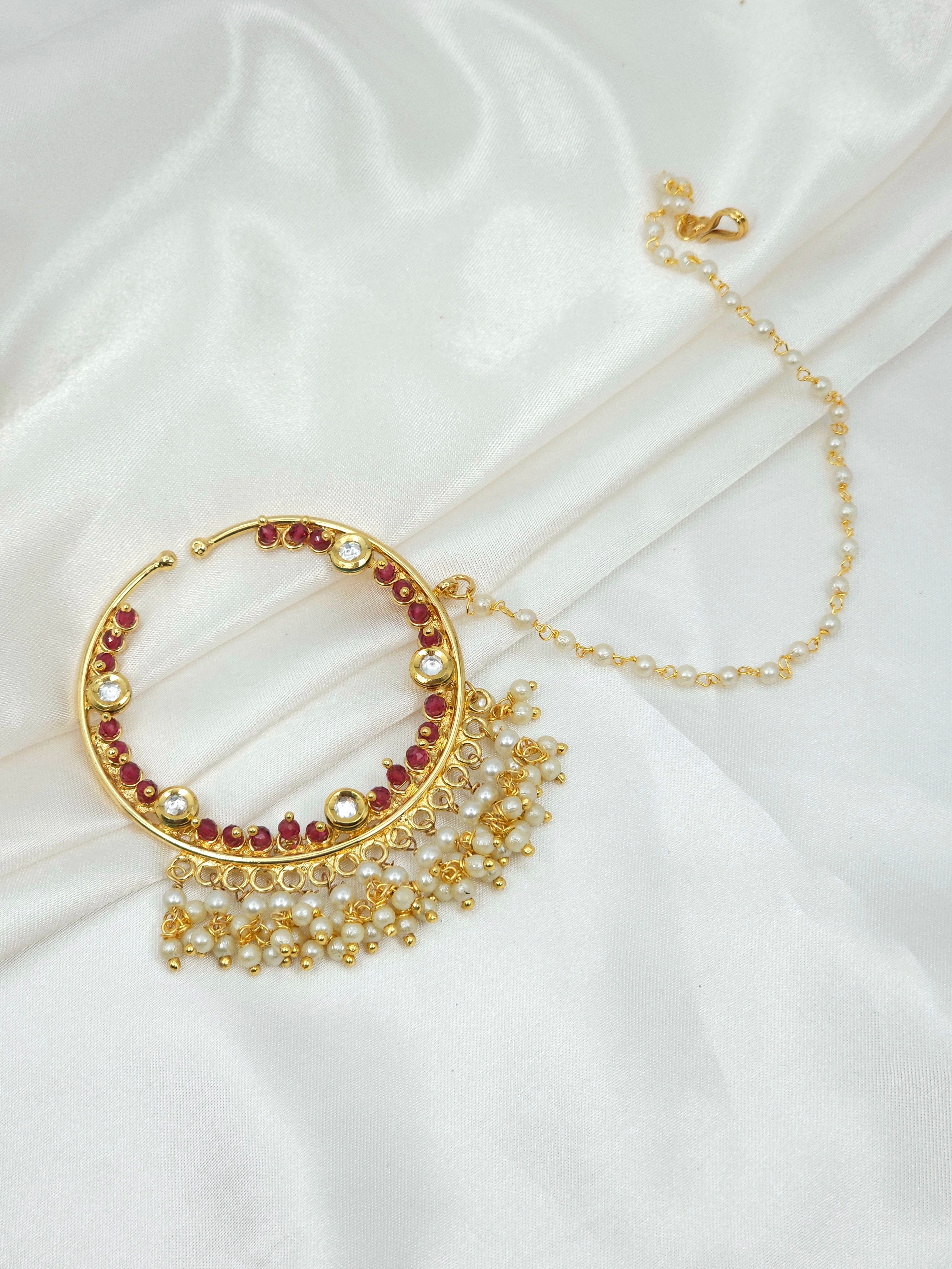 5cm Kundan Bridal Nose Ring with chain – Nose Ring | Fancy Fab Jewels UK