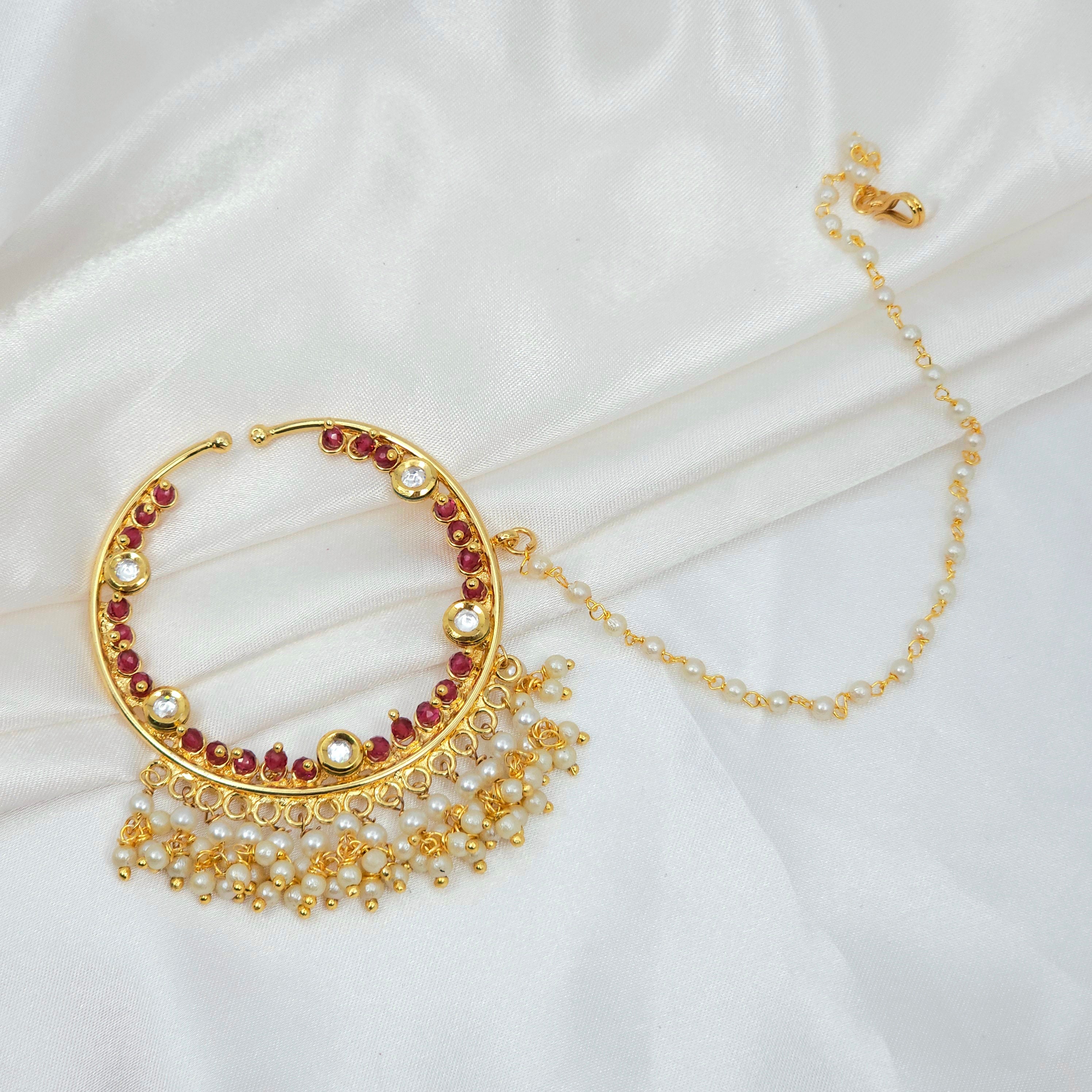 5cm Kundan Bridal Nose Ring with chain – Nose Ring | Fancy Fab Jewels UK