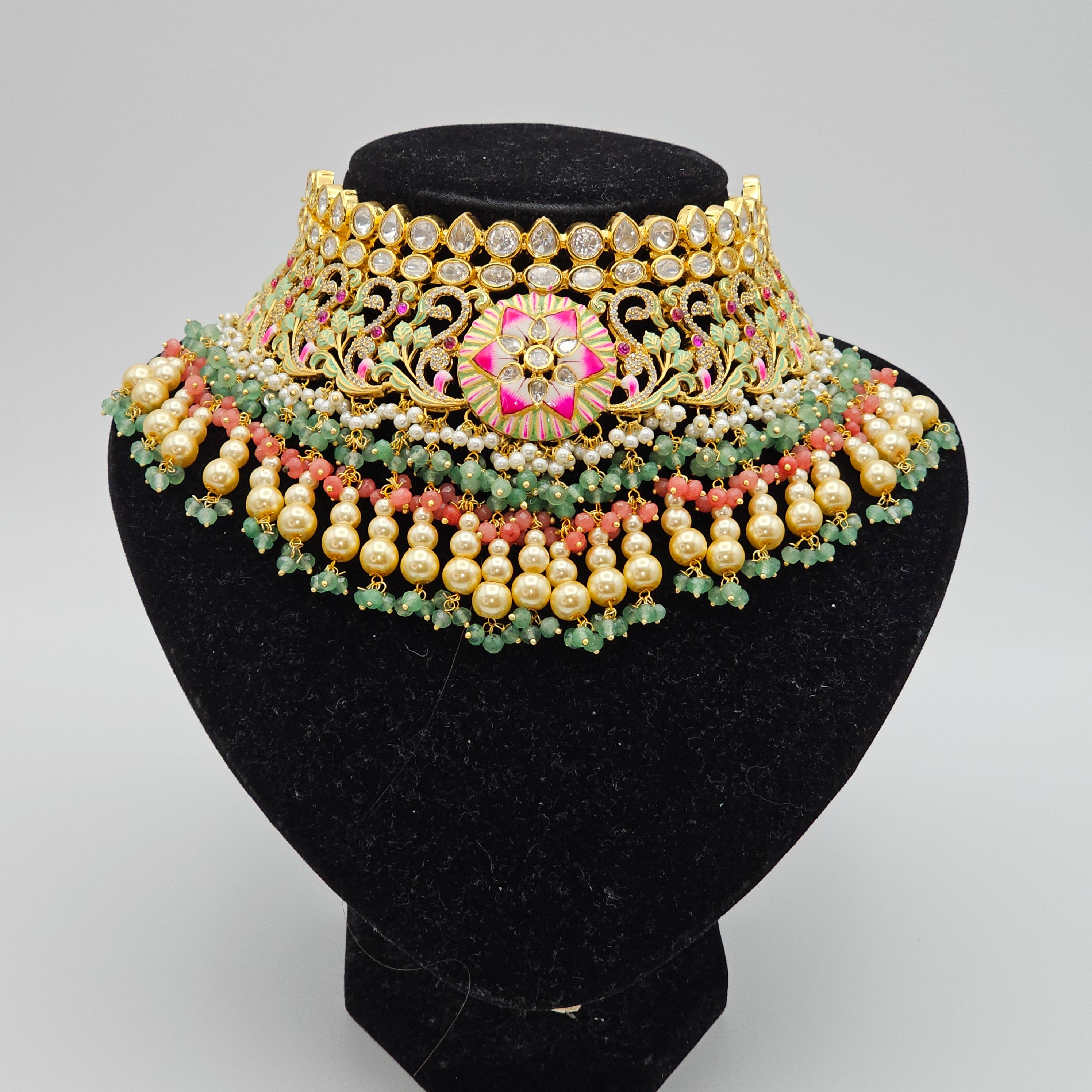 Sarina Premium Quality Paachi Kundan Choker Necklace Set - Multicolour