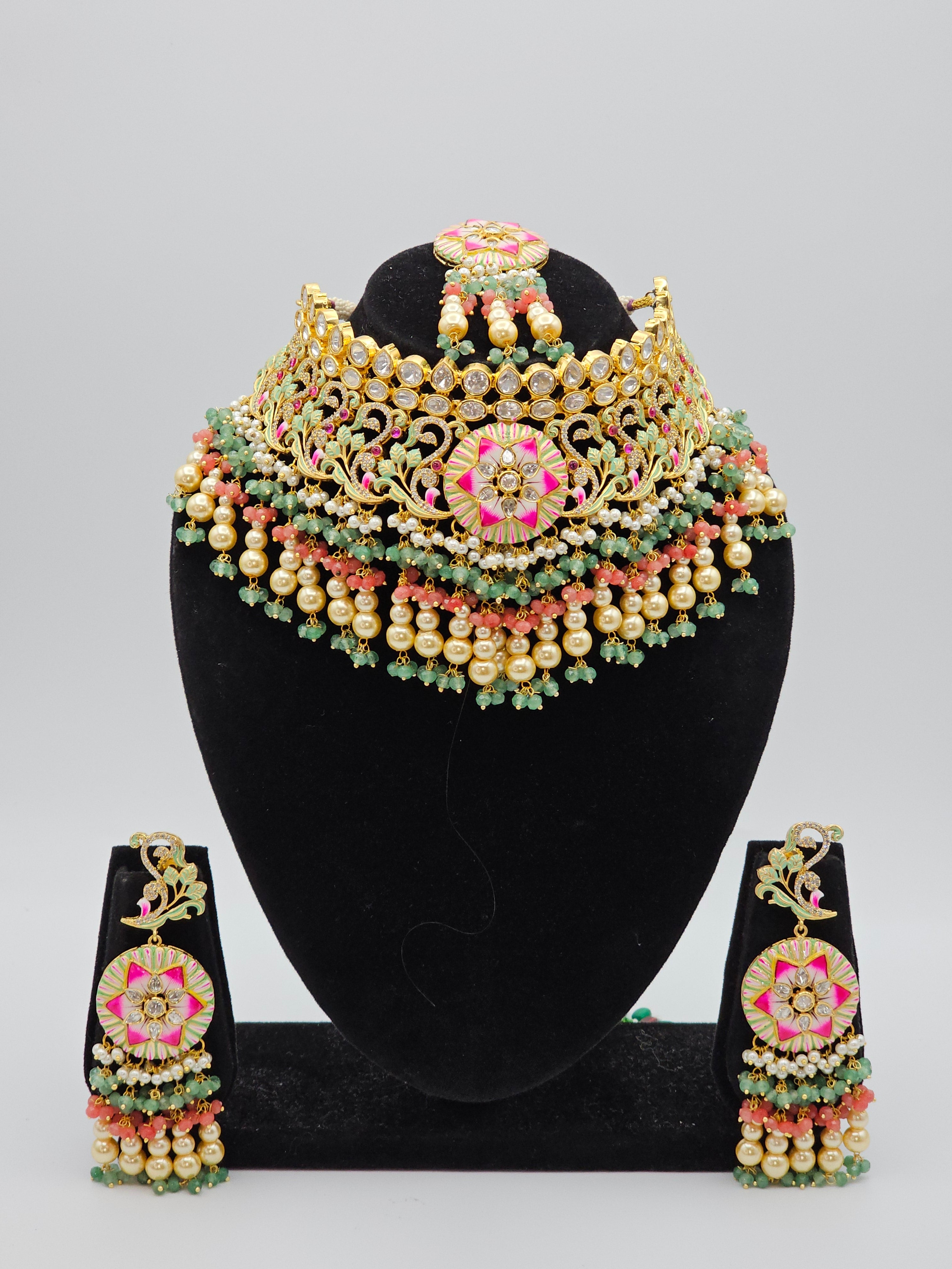 Sarina Premium Quality Paachi Kundan Choker Necklace Set - Multicolour