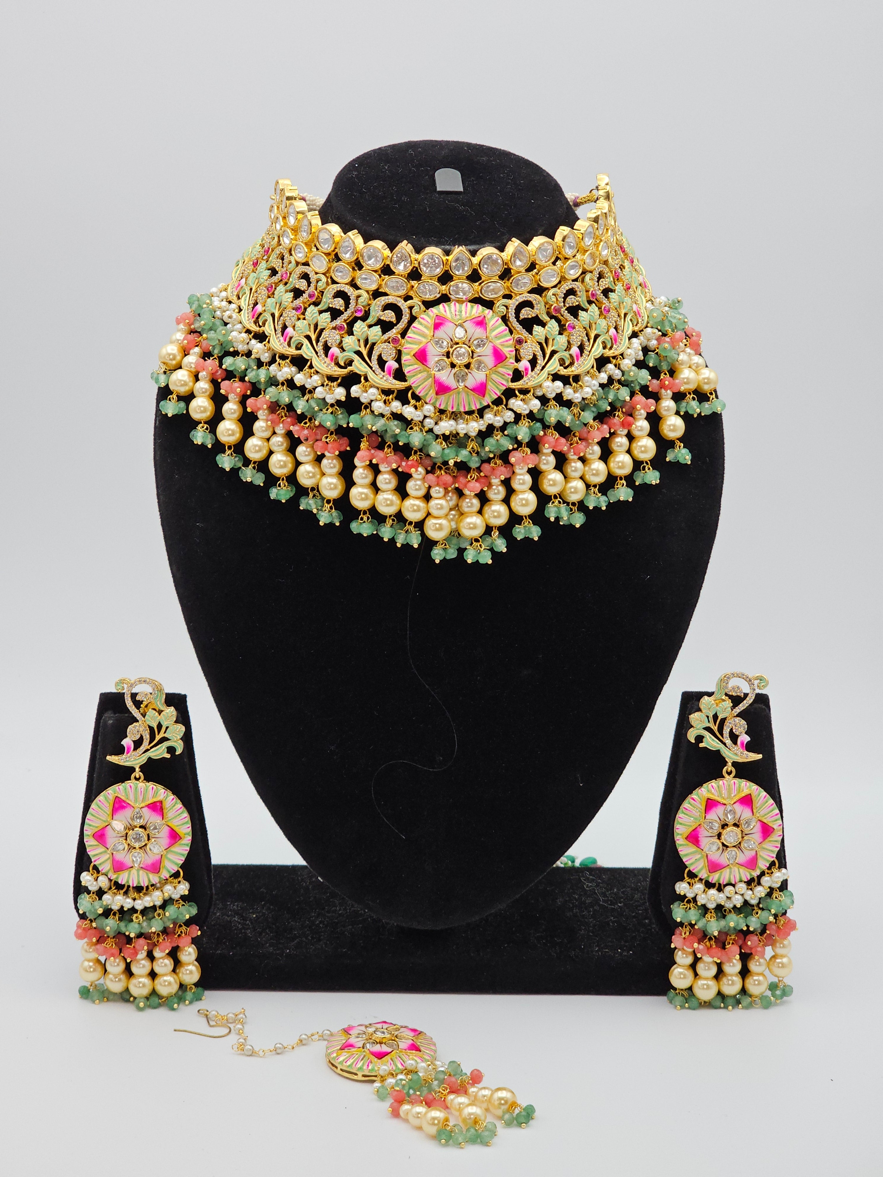 Sarina Premium Quality Paachi Kundan Choker Necklace Set - Multicolour