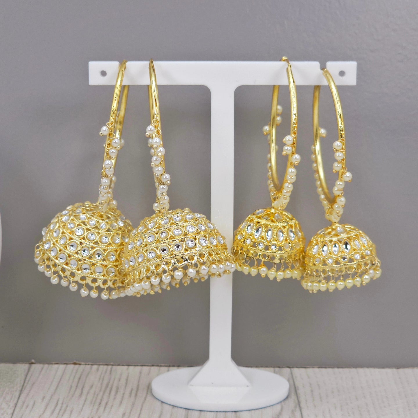 Poonam - Stunning White Kundan Gold Plated Hoop Jhumka Earrings – Jhumki | Fancy Fab Jewels UK