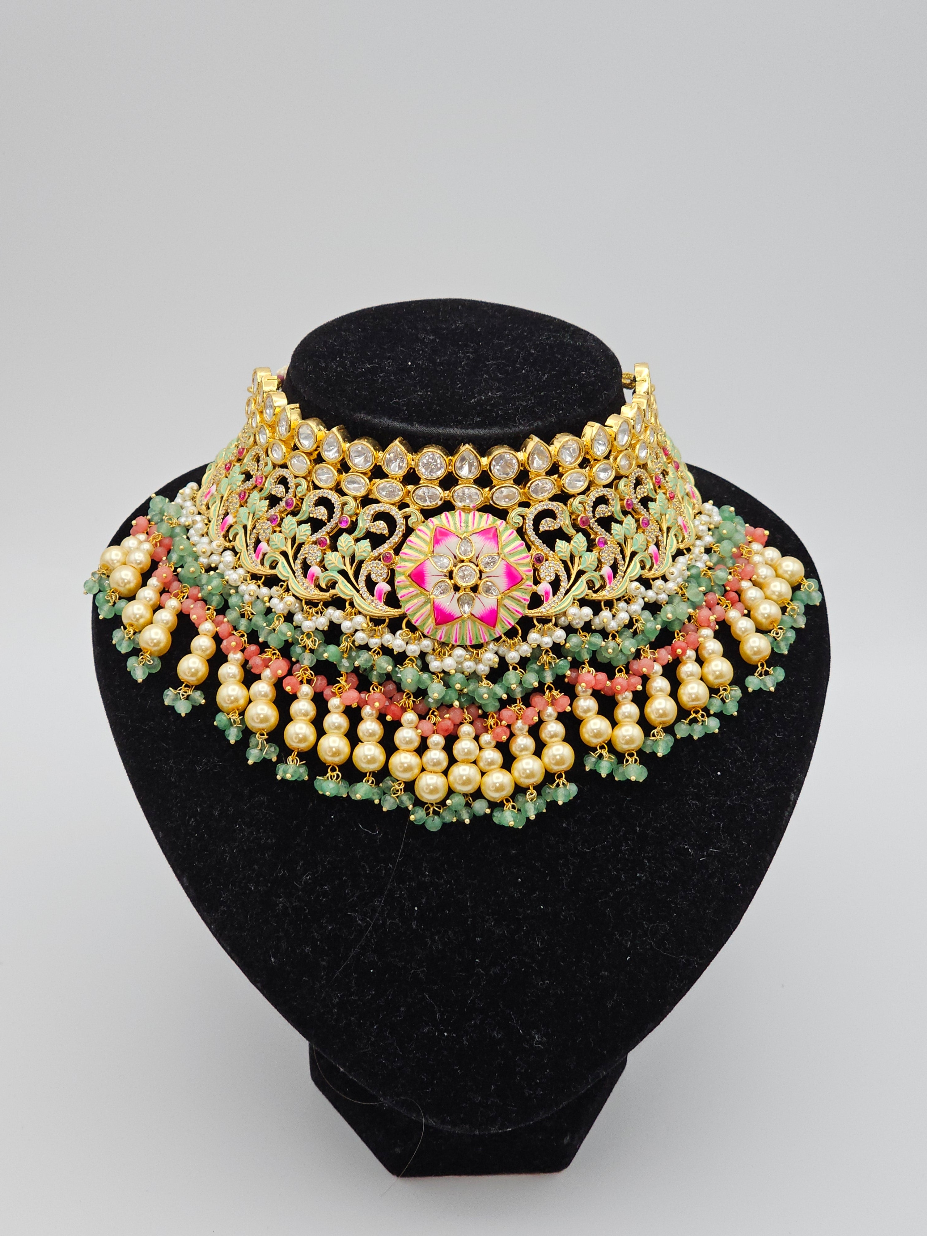 Sarina Premium Quality Paachi Kundan Choker Necklace Set - Multicolour