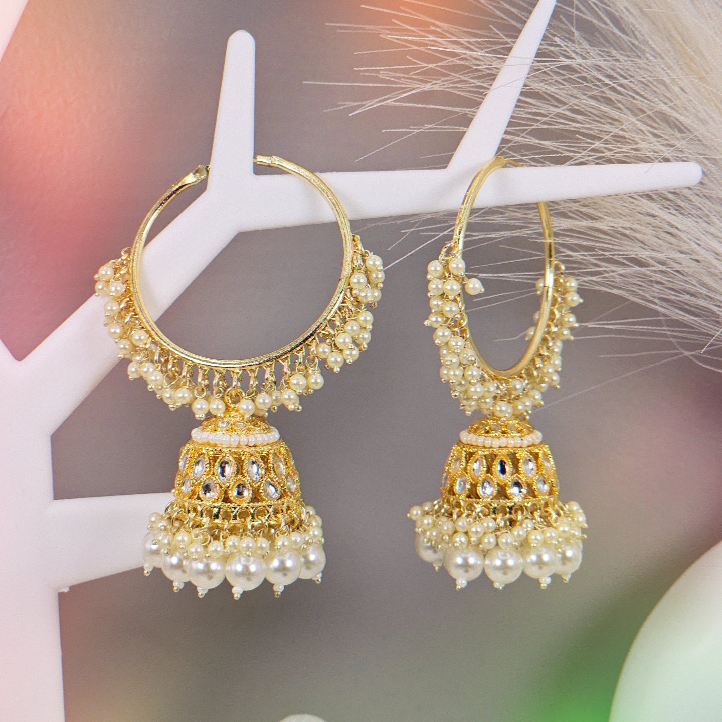 Raya - Stunning White Kundan Gold Plated Hoop Jhumka Earrings – Jhumki | Fancy Fab Jewels UK