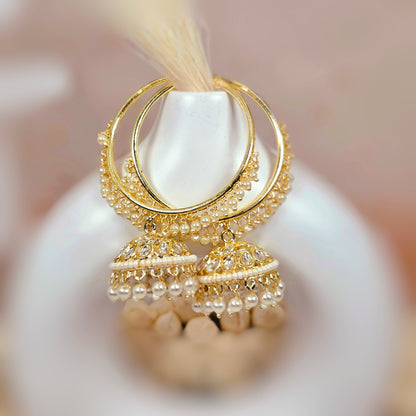 Jia - Stunning White Kundan Gold Plated Hoop Jhumka Earrings