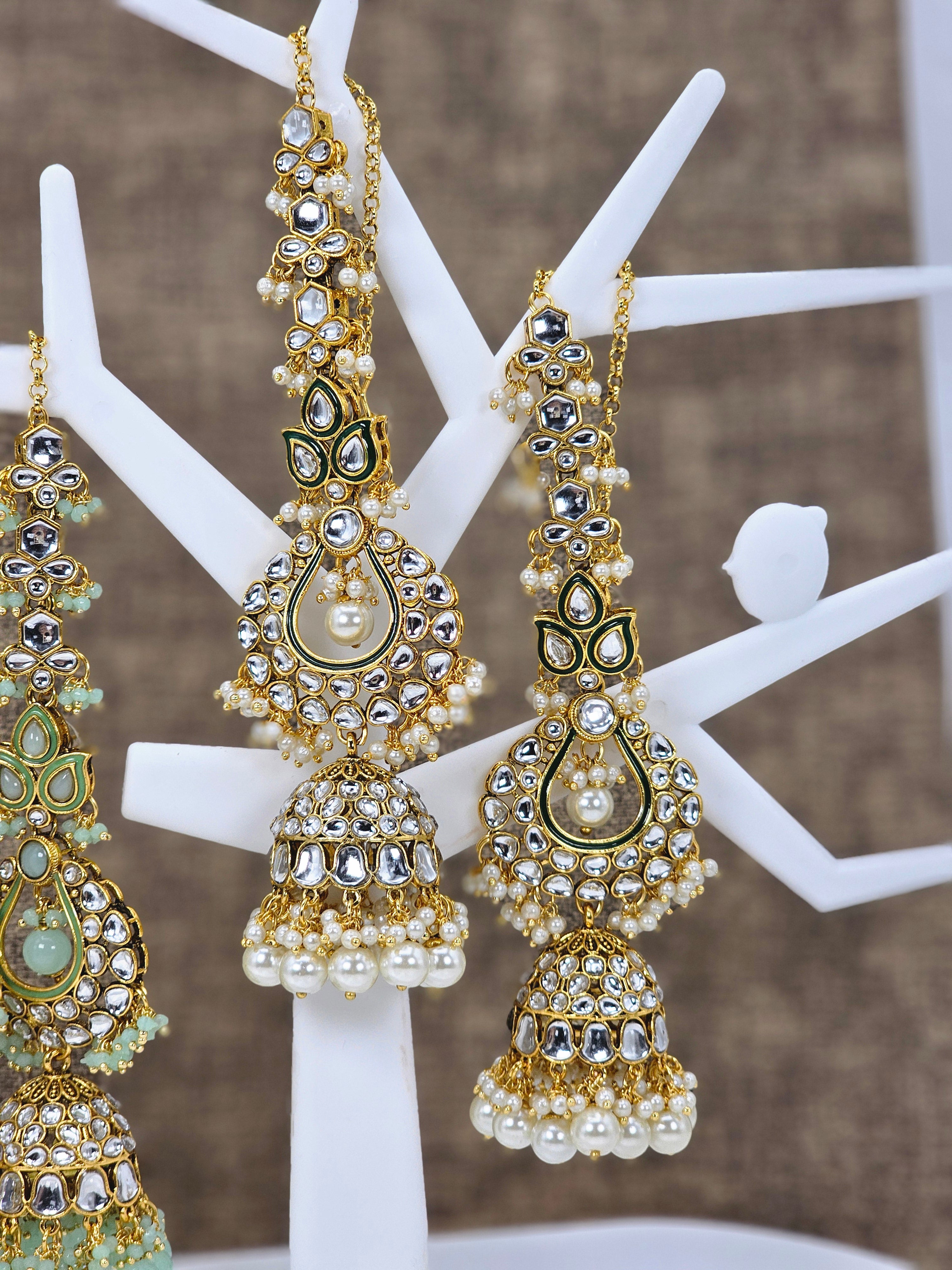 Rasha - Kundan Jhumka Earrings with Attached Earchains