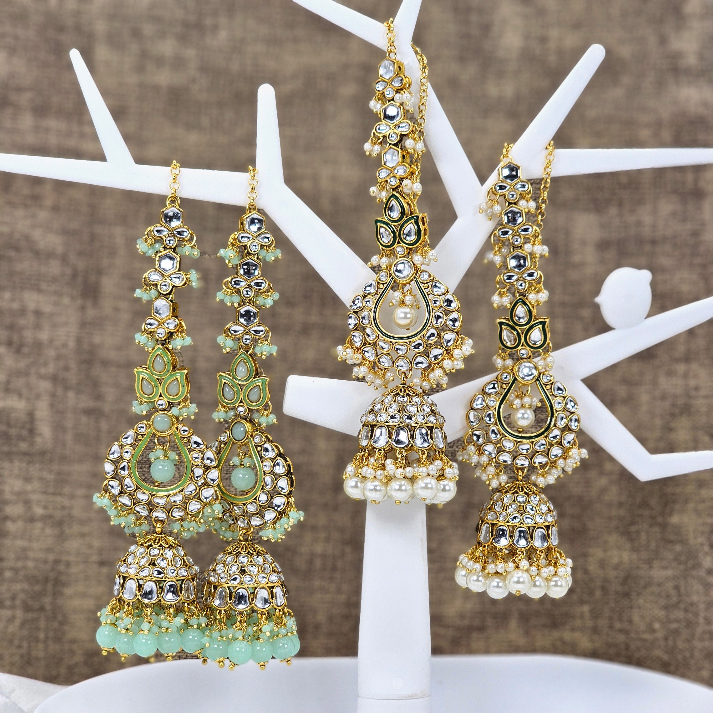 Rasha - Kundan Jhumka Earrings with Attached Earchains