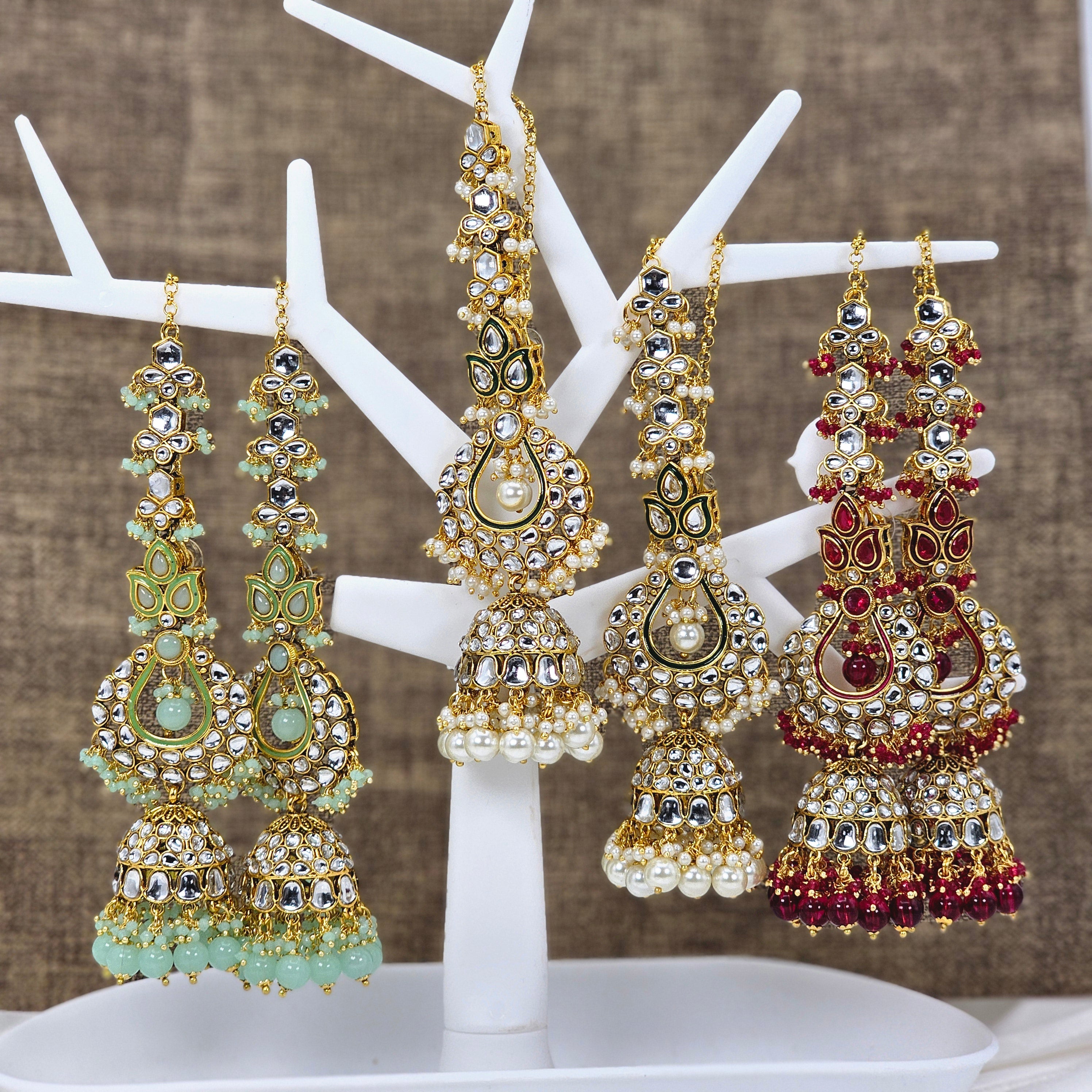 Rasha - Kundan Jhumka Earrings with Attached Earchains