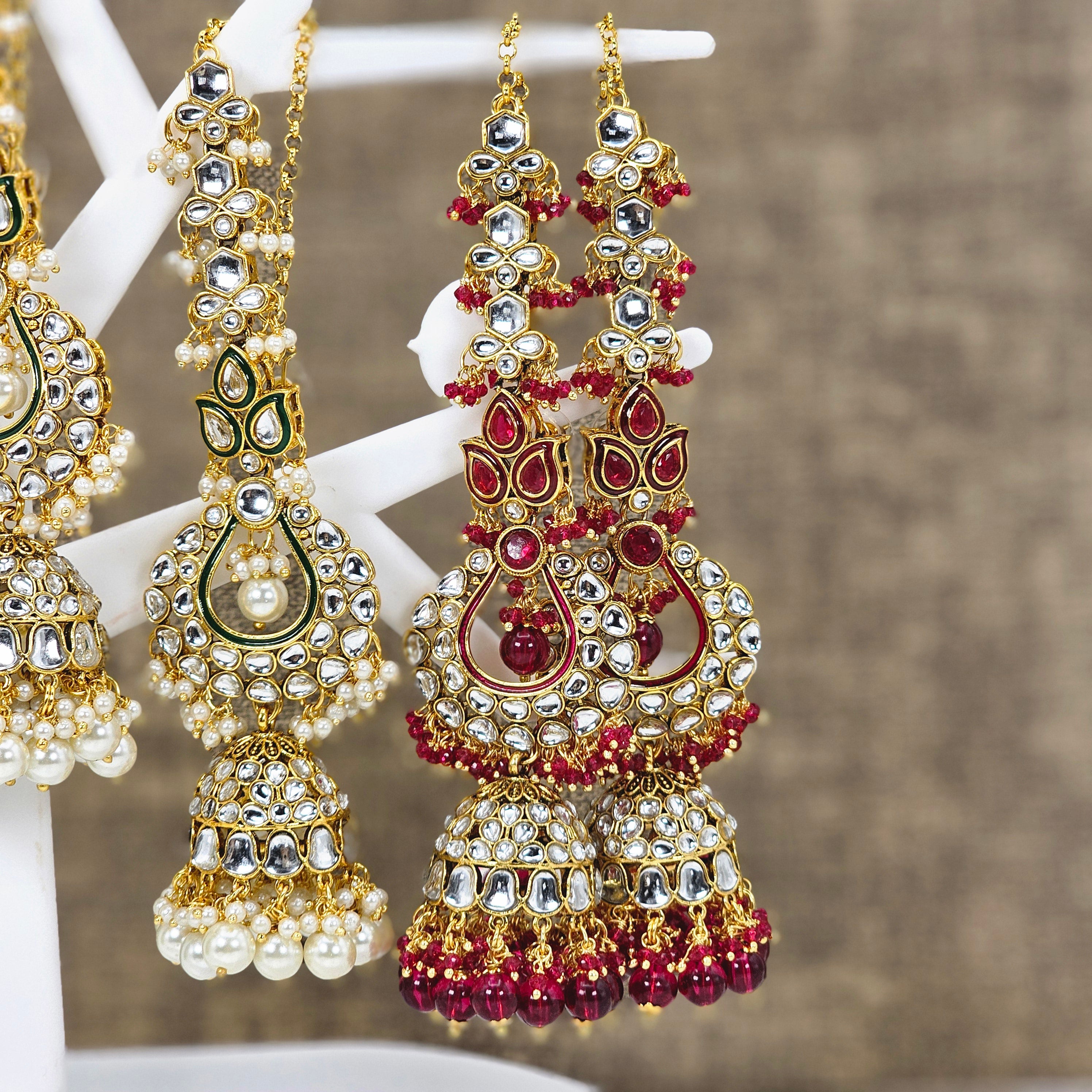 Rasha - Kundan Jhumka Earrings with Attached Earchains