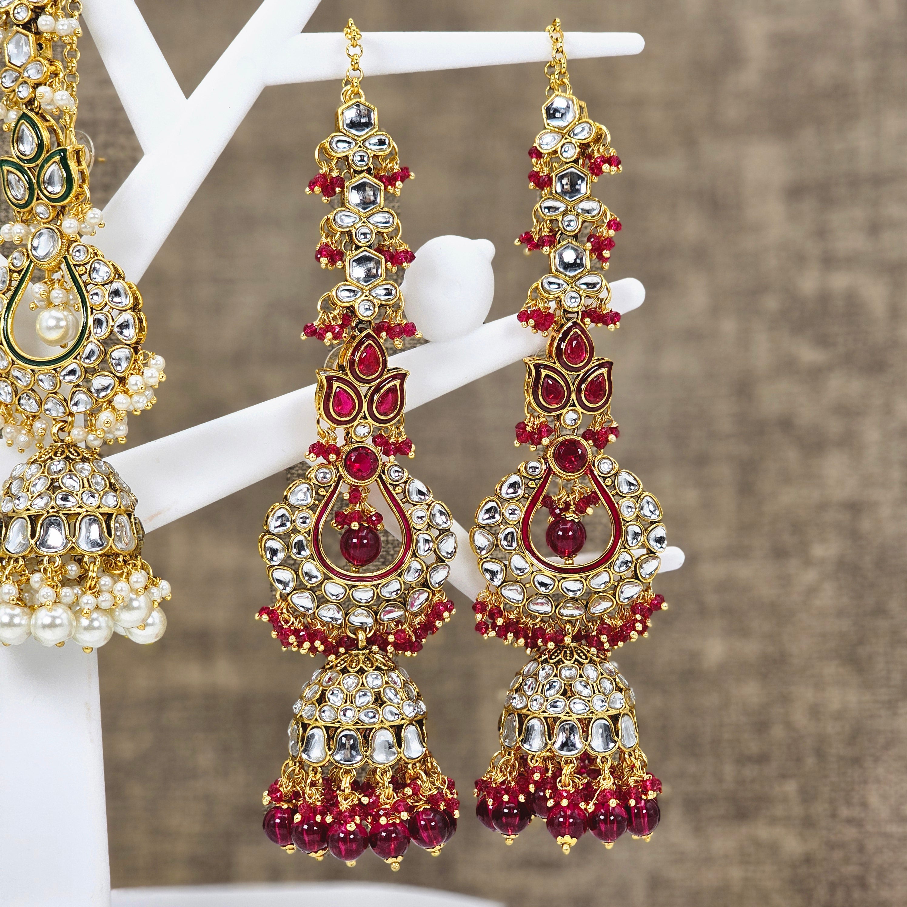 Rasha - Kundan Jhumka Earrings with Attached Earchains