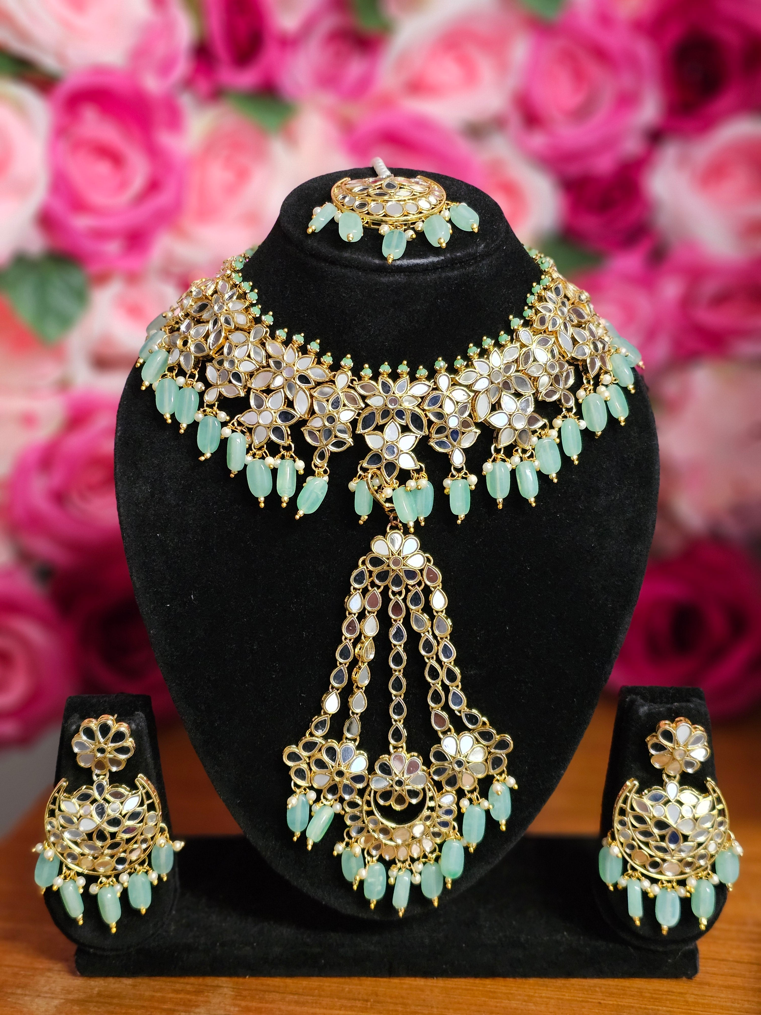 Ansa Antique Gold Mirror Jewellery Set -  Pista Green