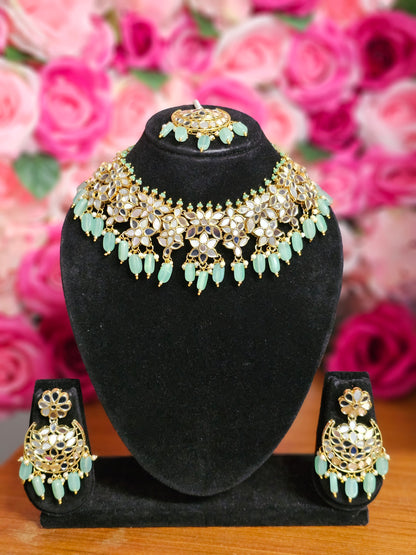 Ansa Antique Gold Mirror Jewellery Set -  Pista Green