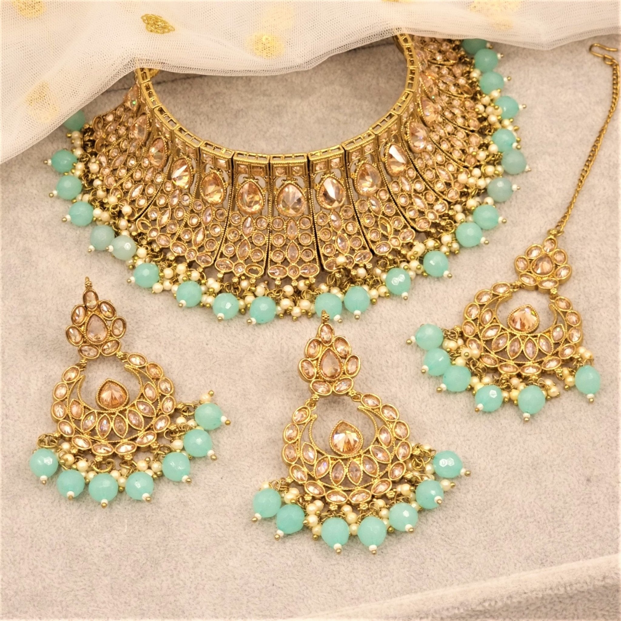 Abha - antique gold choker and necklace - mint - Fancy Fab Jewels