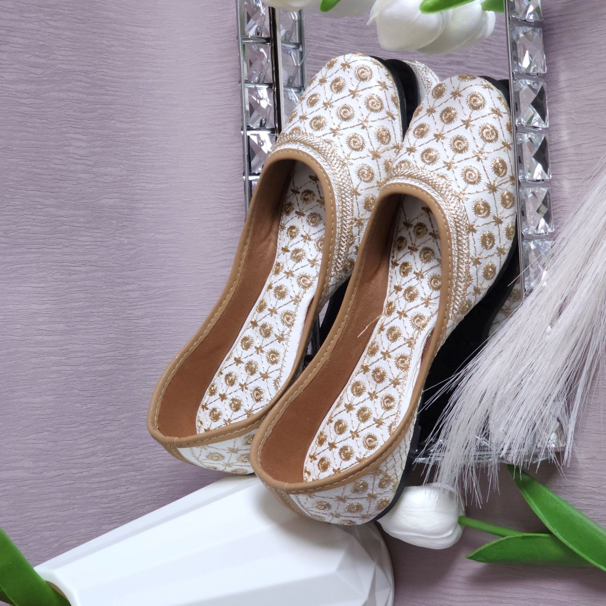 Akriti - Womens White Ballerina Jutti Shoes - Fancy Fab Jewels