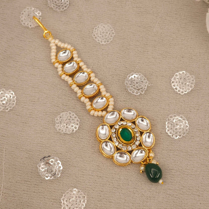 Amirah Gold Plated Kundan Beaded Maang Tikka - Green - Fancy Fab Jewels