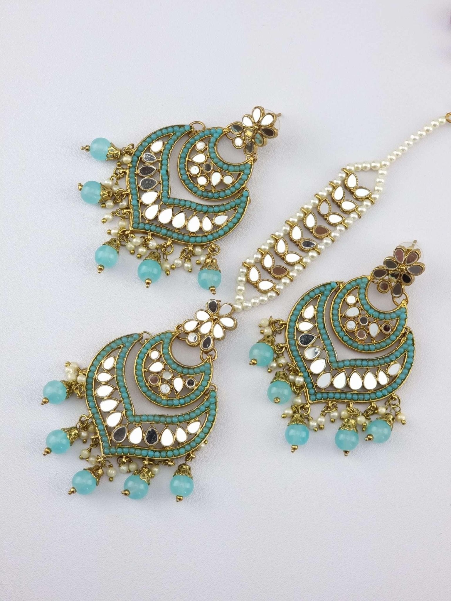 Antique Gold Mirror Chandbali Earrings Tikka Set - Fancy Fab Jewels