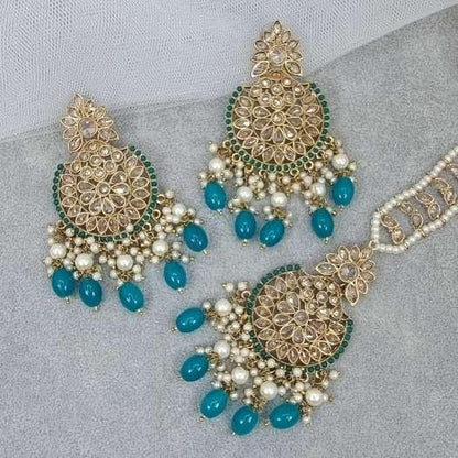 Antique Gold Polki Pearl Earrings Tikka Set - Fancy Fab Jewels