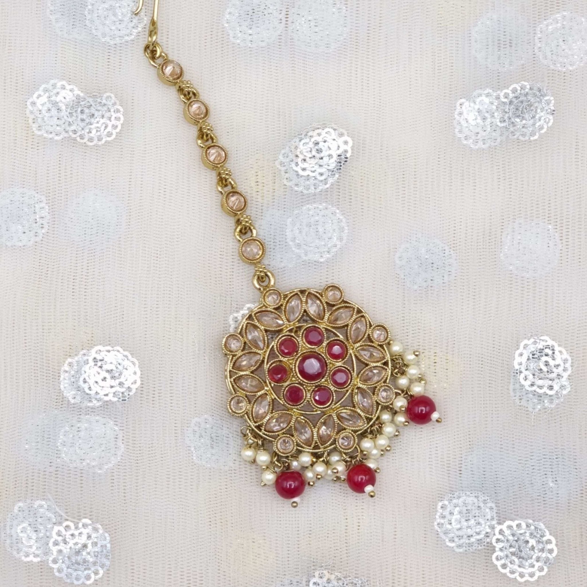 Antique Gold Reverse Polki Maang Tikka Red - Fancy Fab Jewels