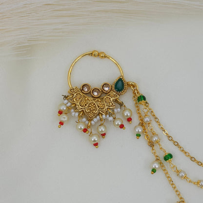 Anu 2cm Gold plated Kundan Bridal Nose Ring with triple chain - Fancy Fab Jewels