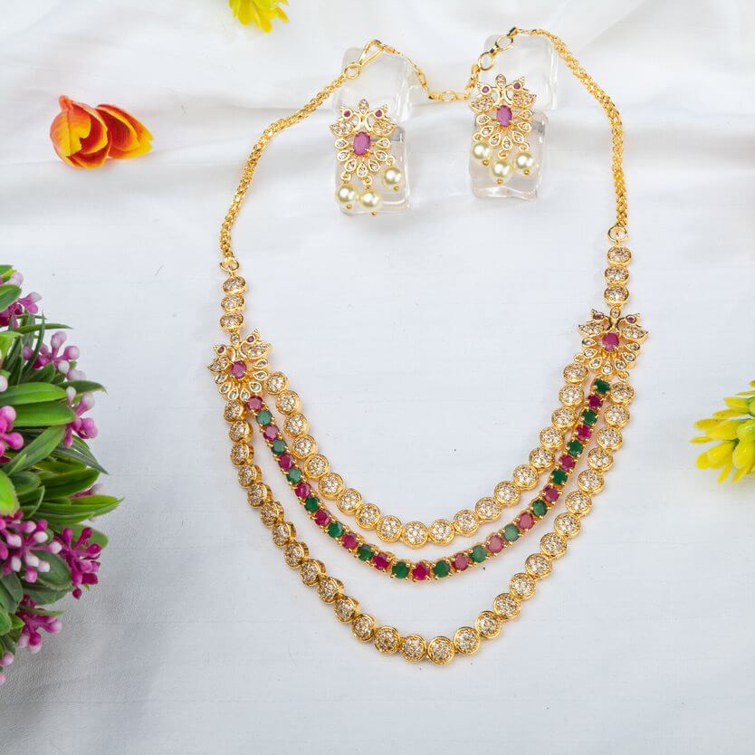 Arya - Gold Plated CZ Necklace Set with Earrings - Fancy Fab Jewels