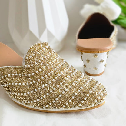 Aurora - Women's Golden Bridal Bridal Heel Mules - Fancy Fab Jewels