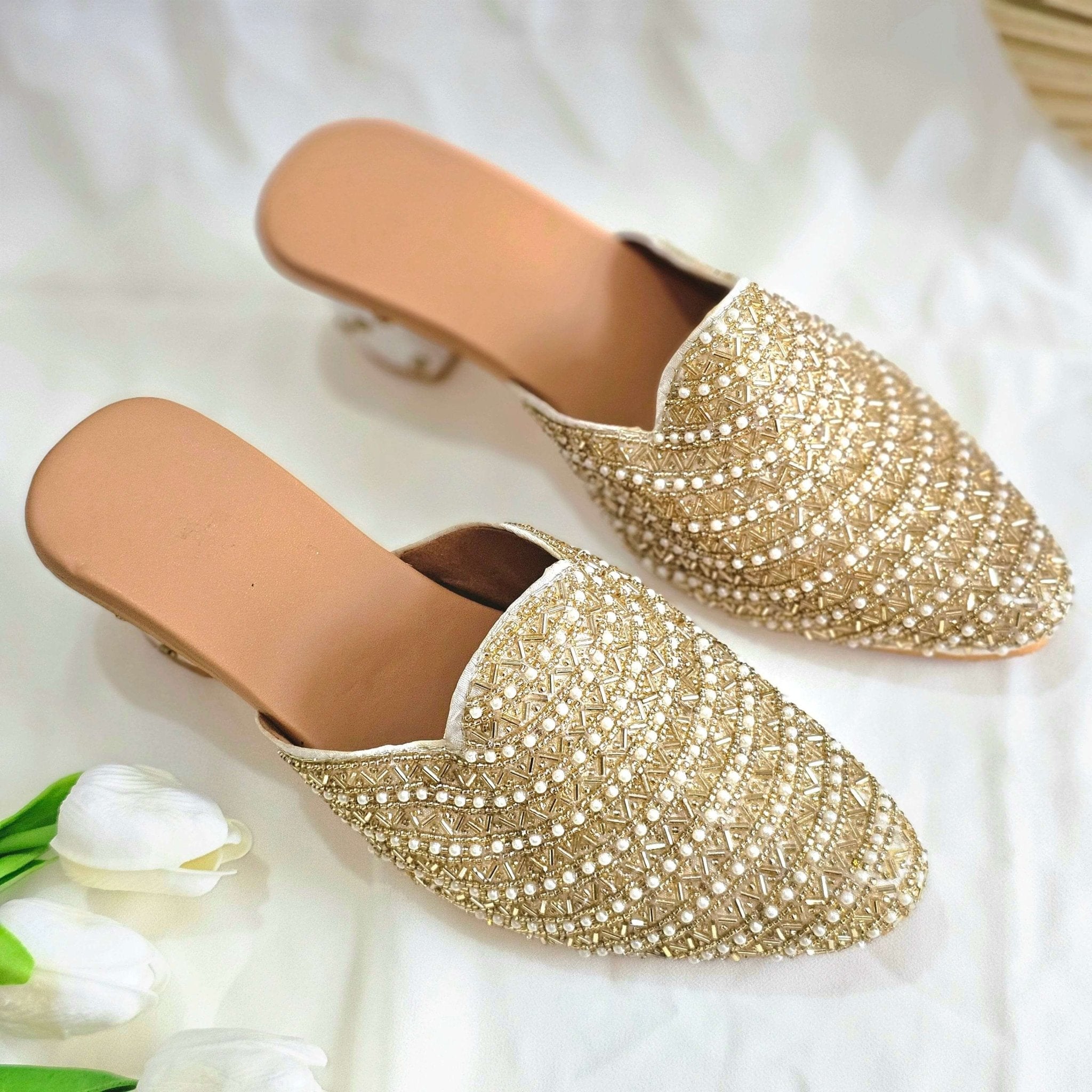 Aurora - Women's Golden Bridal Bridal Heel Mules - Fancy Fab Jewels