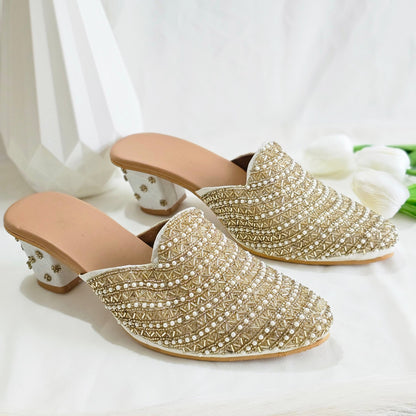 Aurora - Women's Golden Bridal Bridal Heel Mules - Fancy Fab Jewels