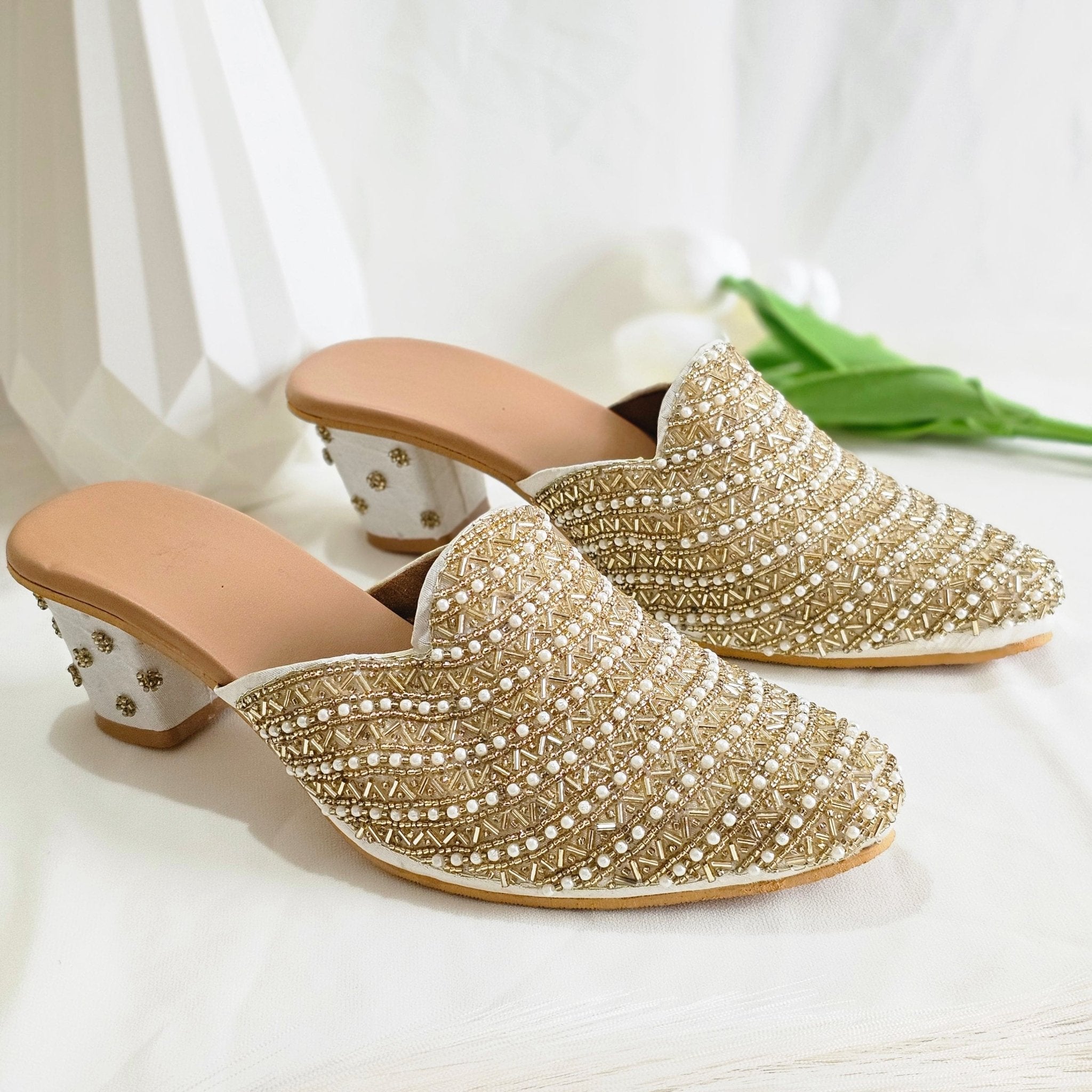 Aurora - Women's Golden Bridal Bridal Heel Mules - Fancy Fab Jewels