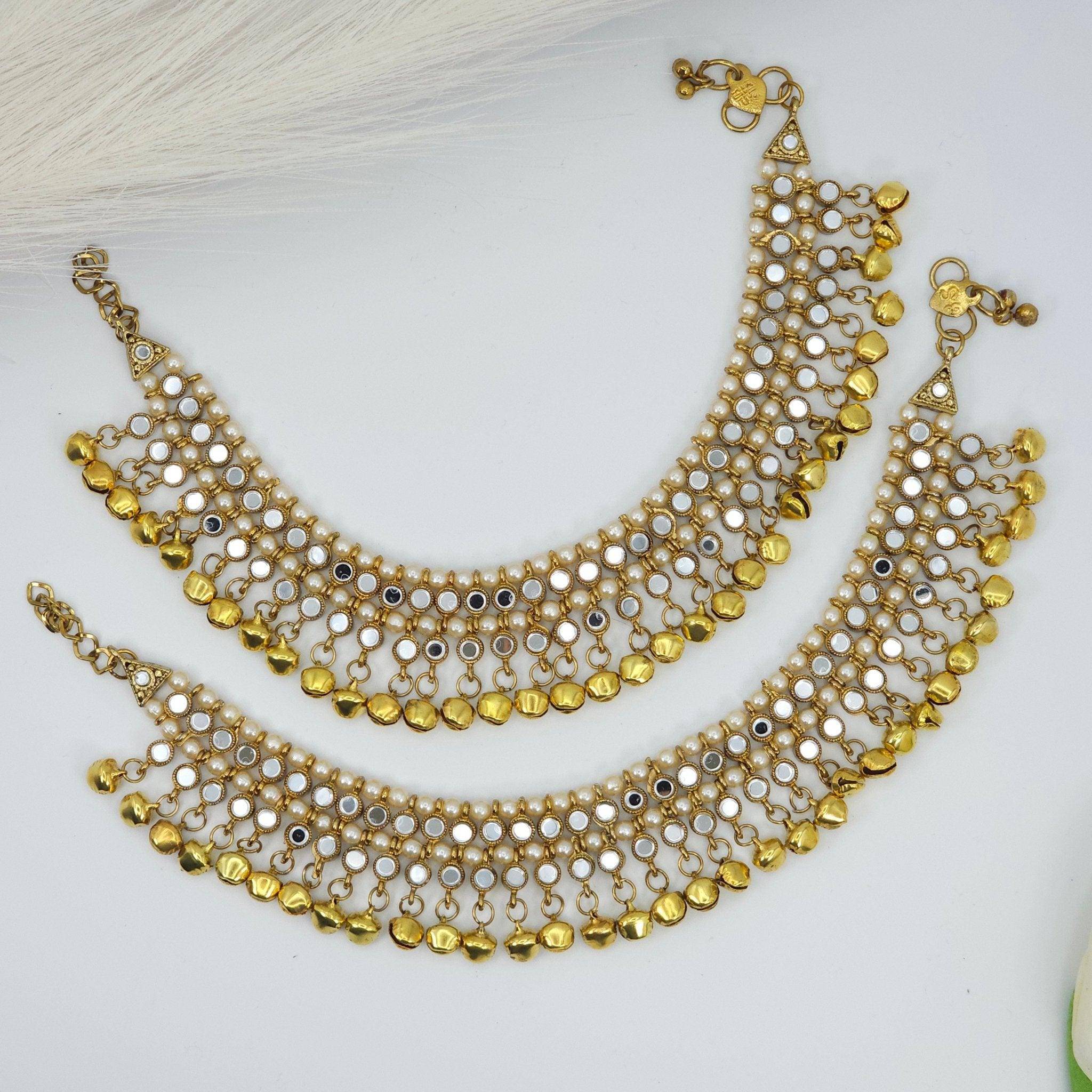 Ishal - Antique Gold Mirrored and pearl Anklet With Bells - Fancy Fab Jewels