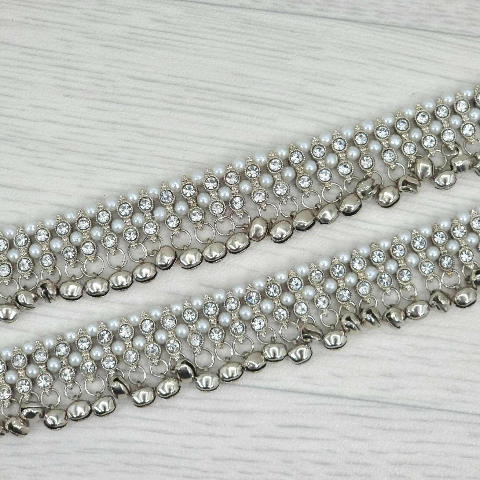 Meera - Silver Polki and Pearl Anklet with Bells - Fancy Fab Jewels