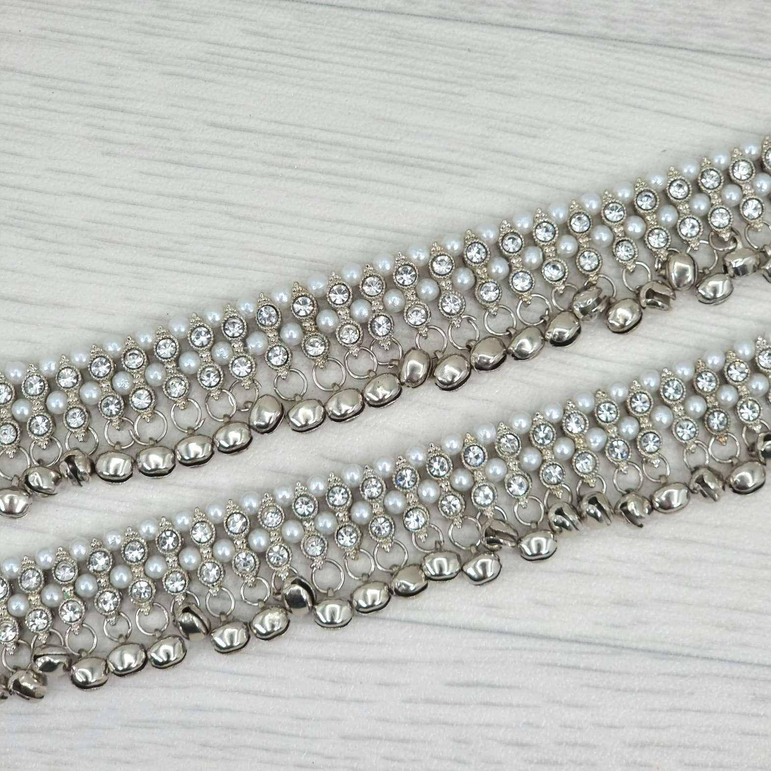 Meera - Silver Polki and Pearl Anklet with Bells - Fancy Fab Jewels