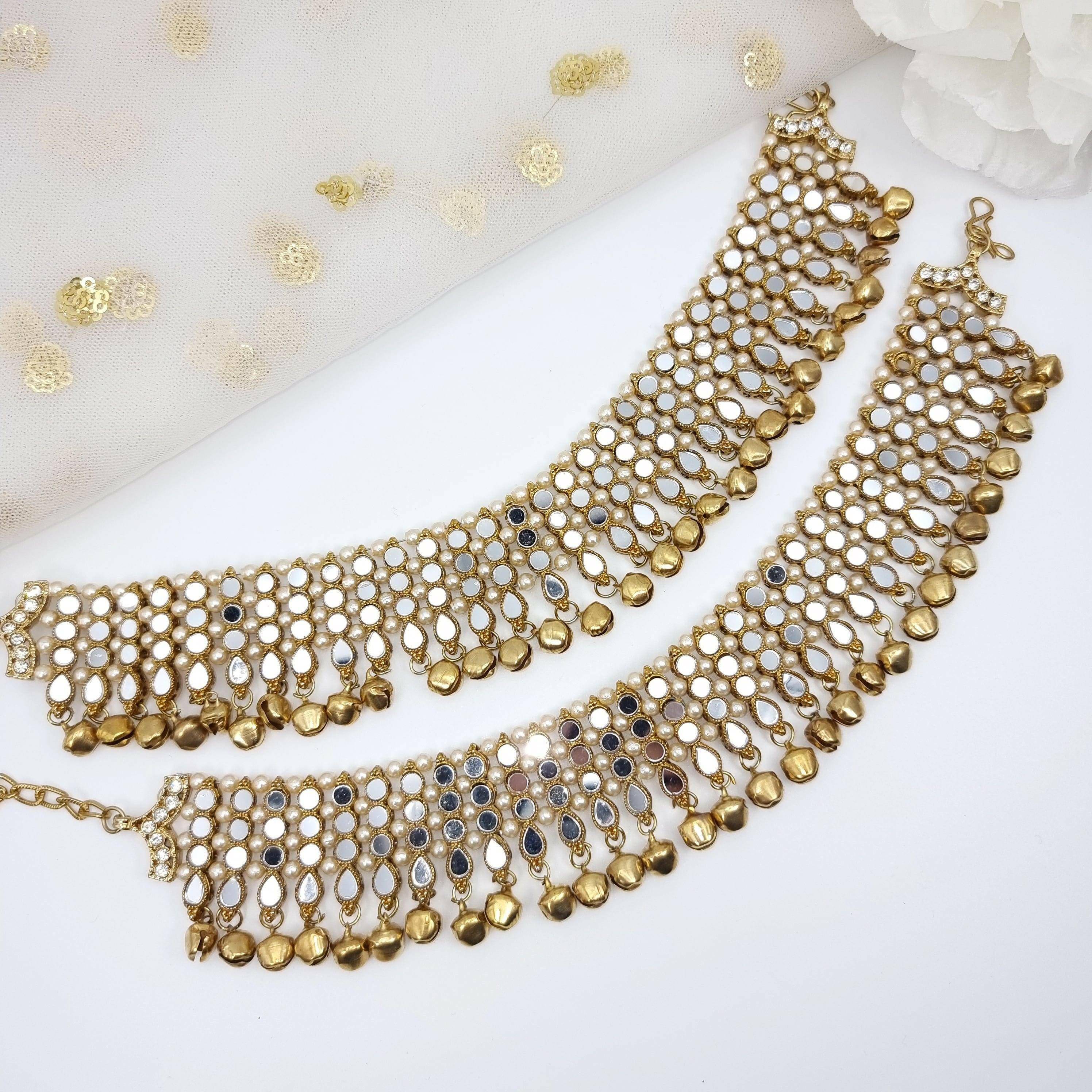 Simran - Antique Gold Mirrored and pearl Anklet With Bell - Fancy Fab Jewels