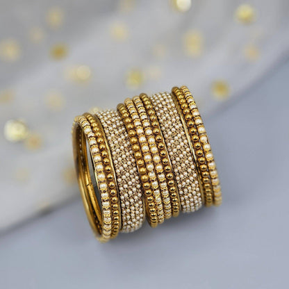 10 Pcs Pearl Bangle set - antique gold - Fancy Fab Jewels