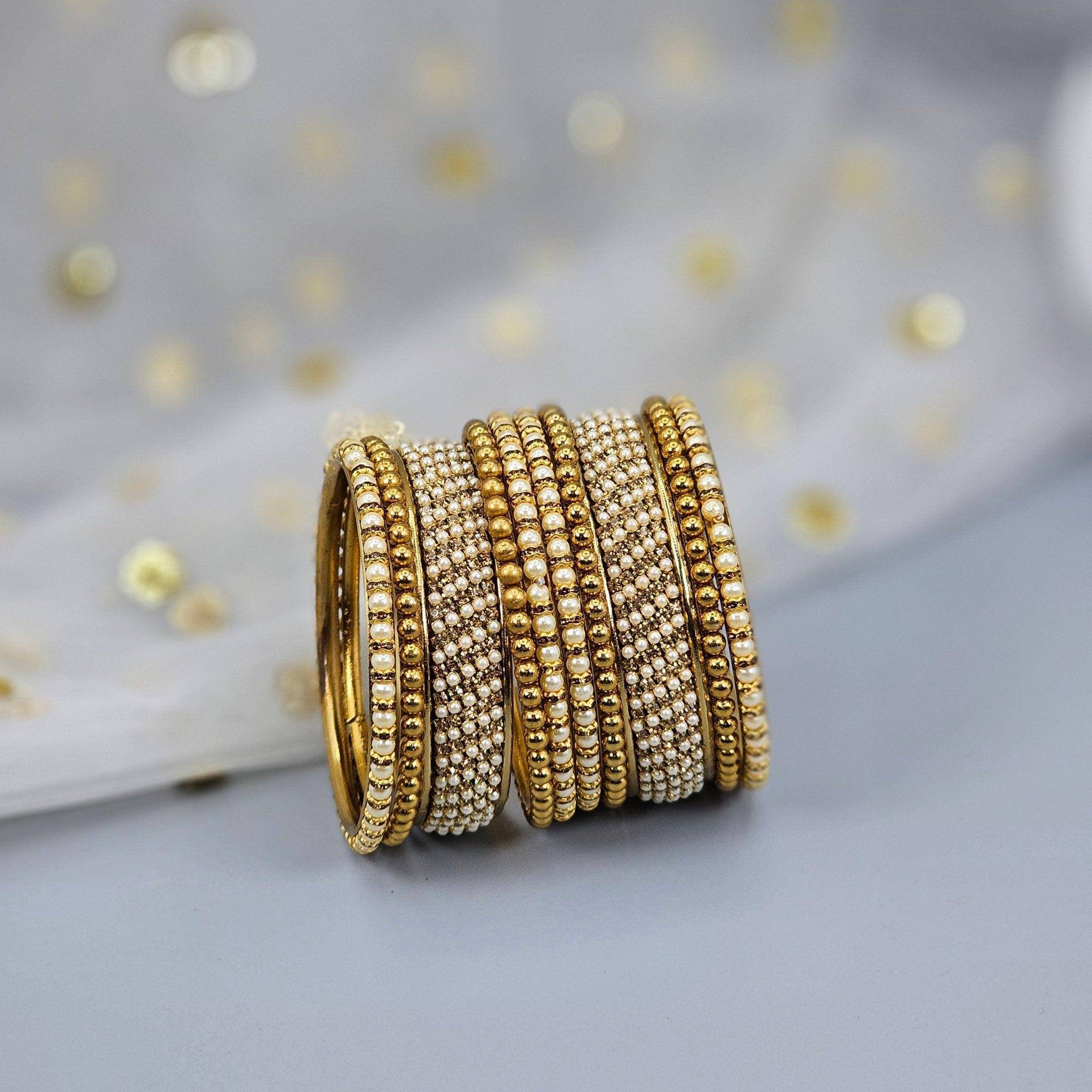 10 Pcs Pearl Bangle set - antique gold - Fancy Fab Jewels