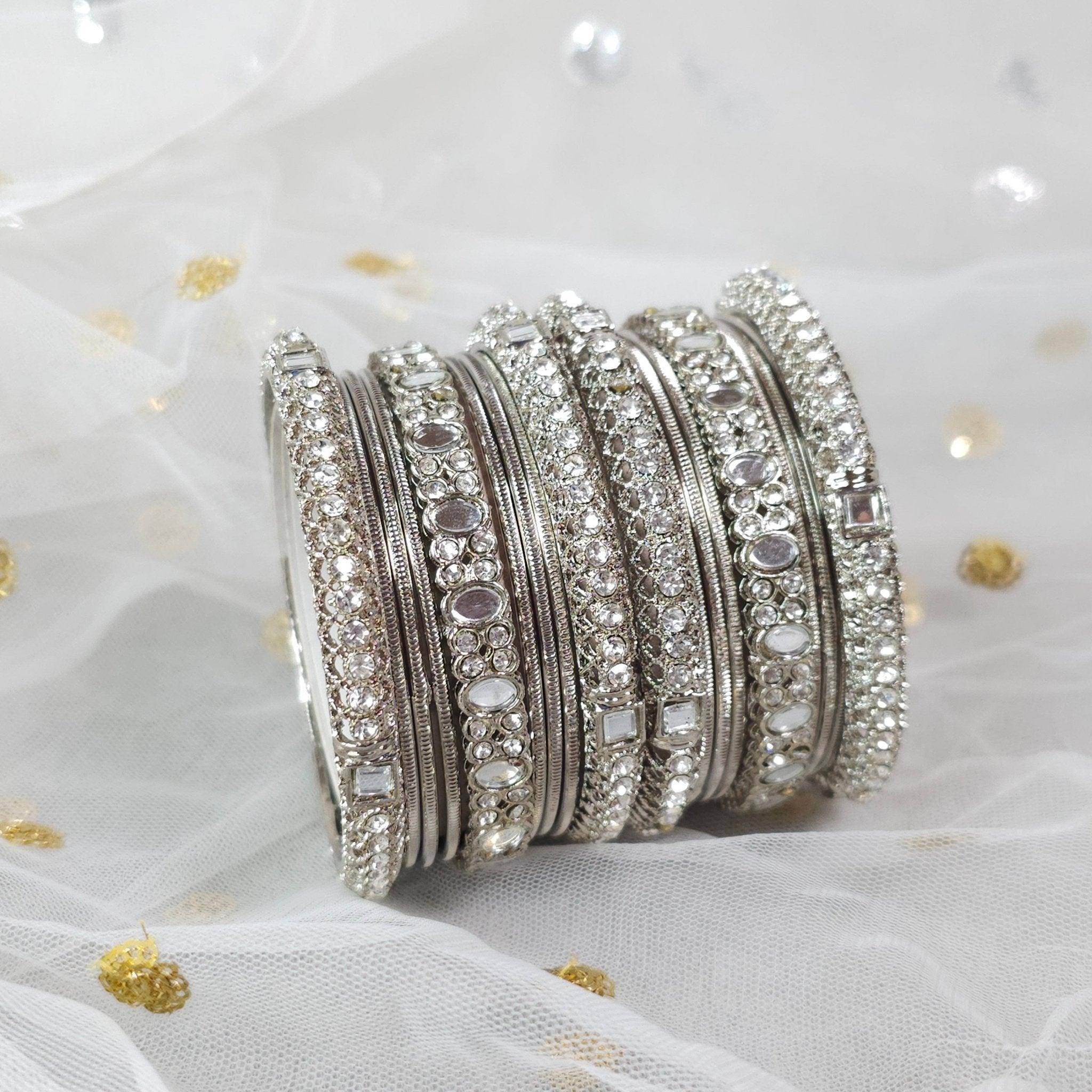 18 Pcs Silver mirror bangle set - Fancy Fab Jewels