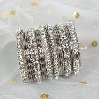 18 Pcs Silver mirror bangle set - Fancy Fab Jewels