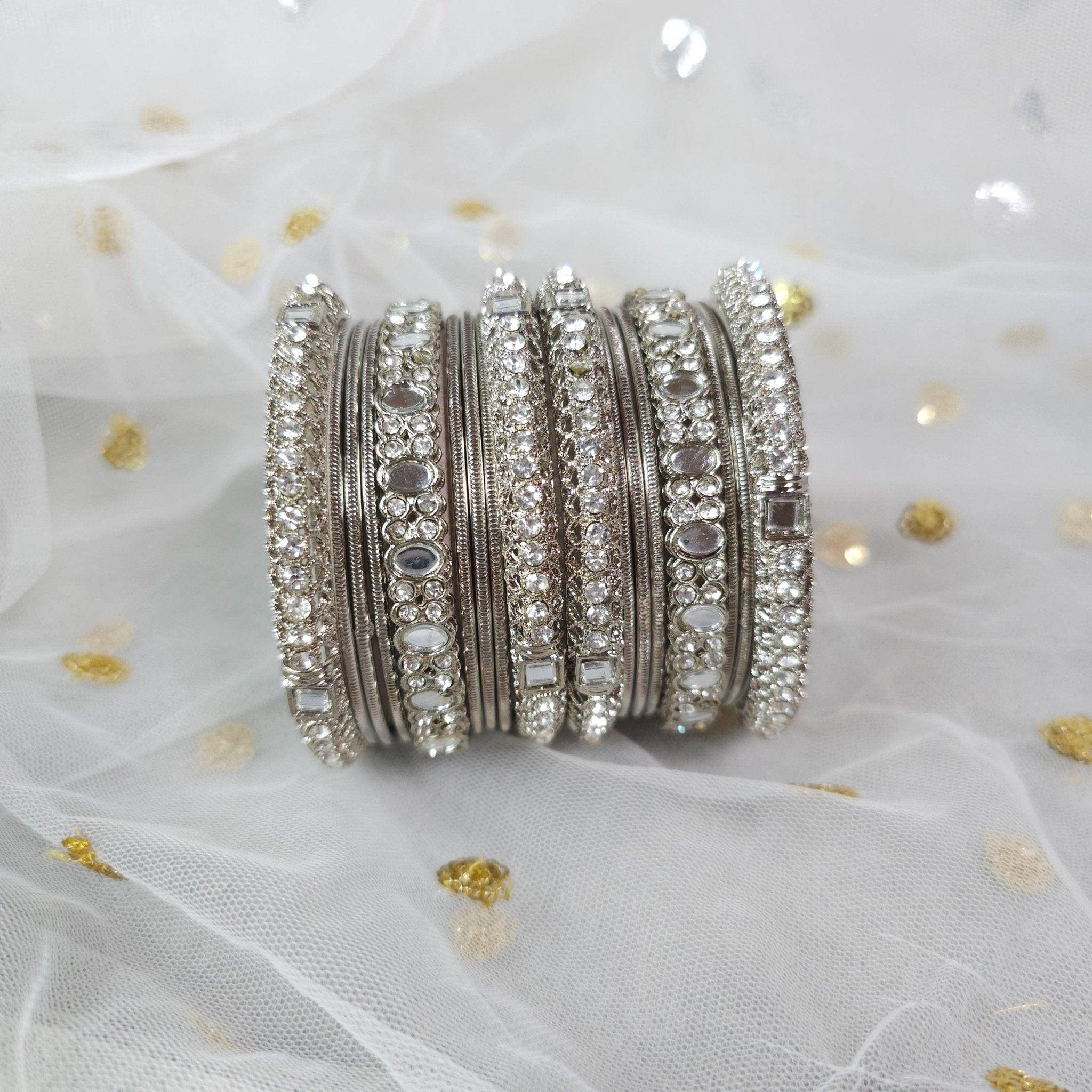 18 Pcs Silver mirror bangle set - Fancy Fab Jewels