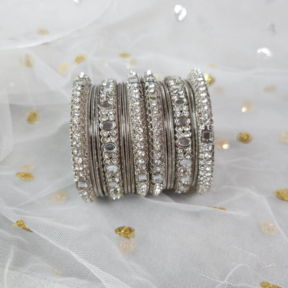 18 Pcs Silver mirror bangle set - Fancy Fab Jewels